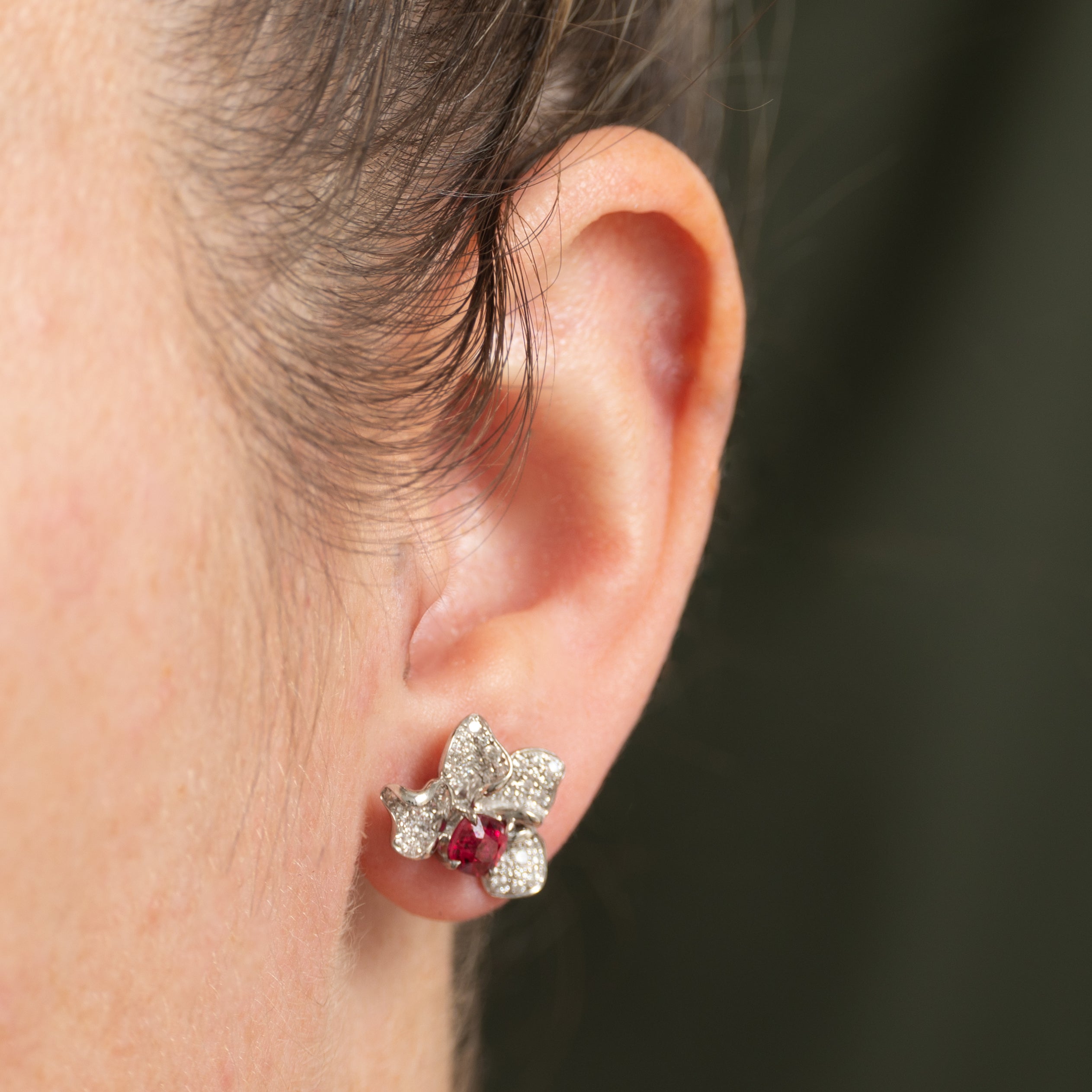 18k Natural Spinel & Diamond Cluster Flower Stud Earrings | 1.31ctw, 0.62ctw