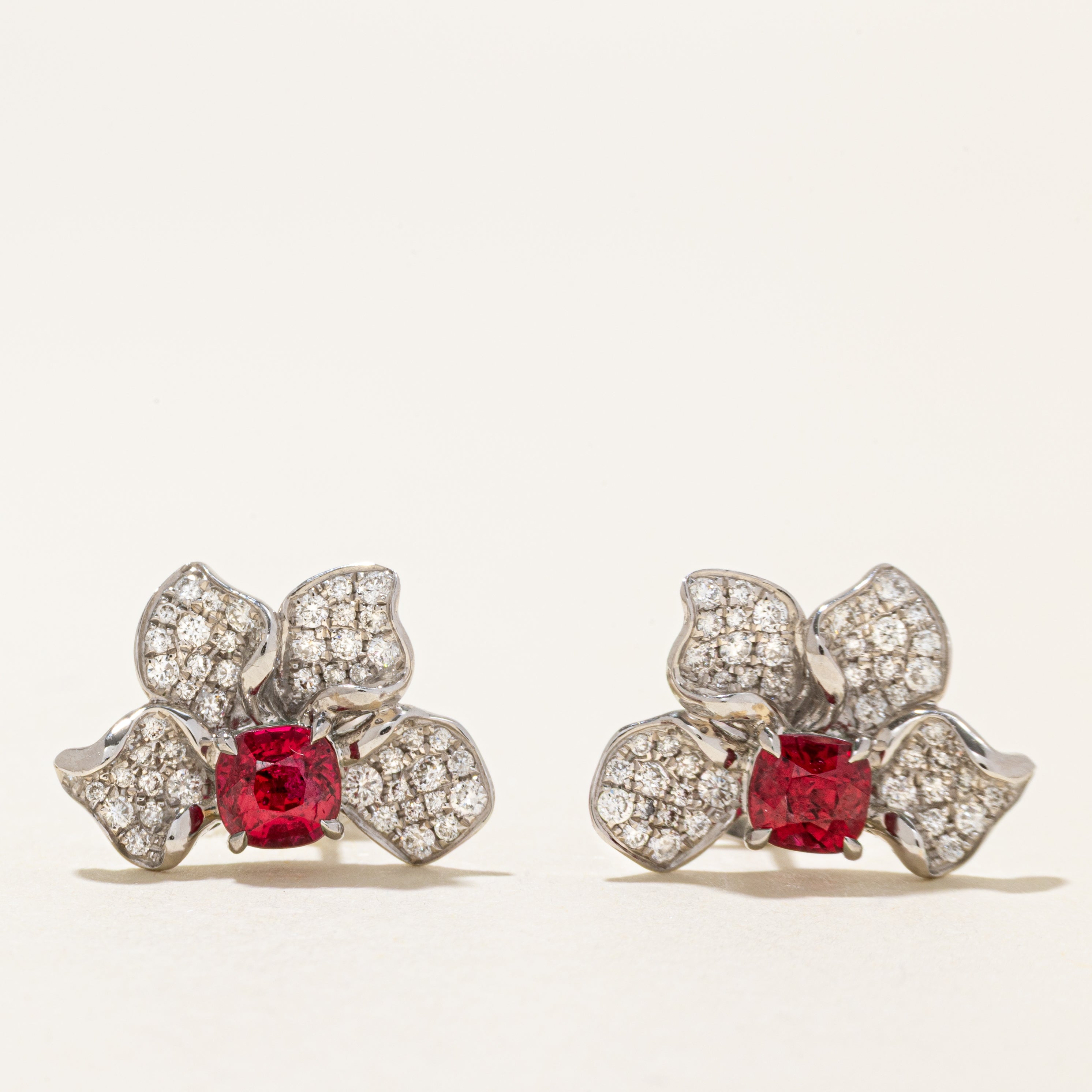 18k Natural Spinel & Diamond Cluster Flower Stud Earrings | 1.31ctw, 0.62ctw