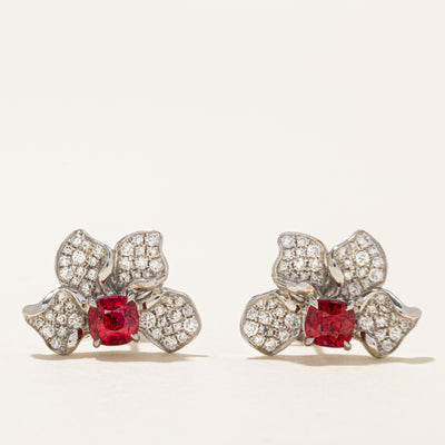 18k Natural Purplish Red Spinel & Diamond Cluster Flower Stud Earrings | 1.31ctw, 0.62ctw