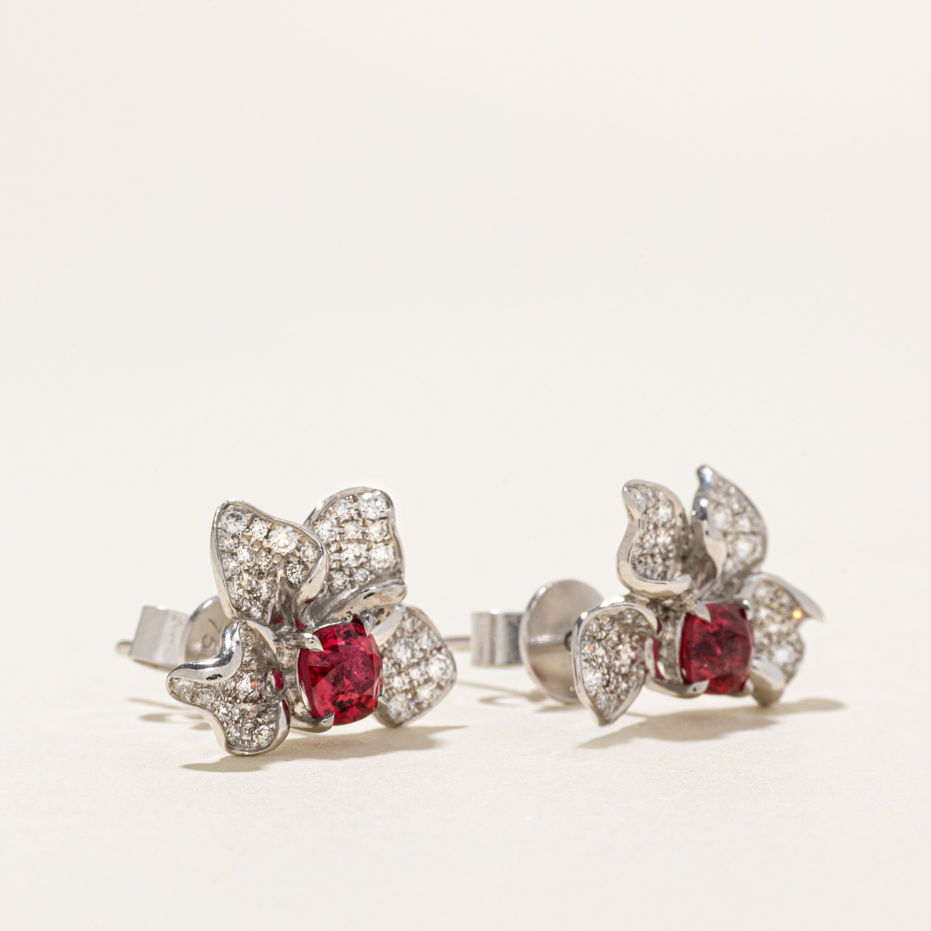 18k Natural Spinel & Diamond Cluster Flower Stud Earrings | 1.31ctw, 0.62ctw