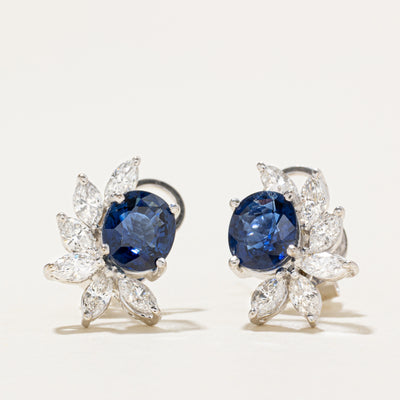 Unheated Sapphire & Diamond Cluster Stud Earrings | 2.42ctw, 1.50ctw