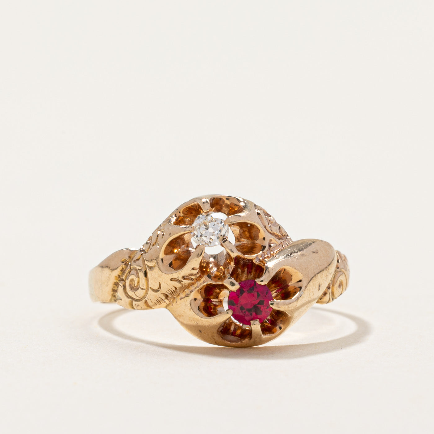 Retro Synthetic Ruby & Natural Diamond Ring | 0.09ct, 0.06ct | SZ 4.75