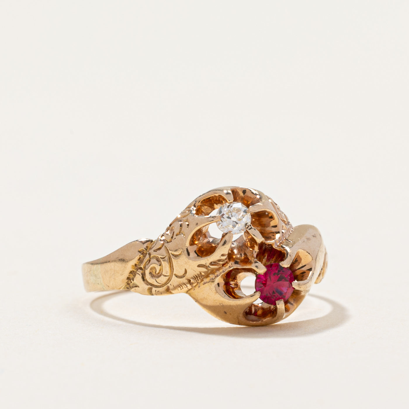 Retro Synthetic Ruby & Natural Diamond Ring | 0.09ct, 0.06ct | SZ 4.75