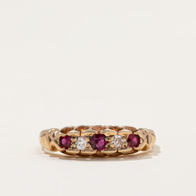 Retro Five Stone Ruby & Diamond Ring | 0.17ctw, 0.08ctw | SZ 5.25