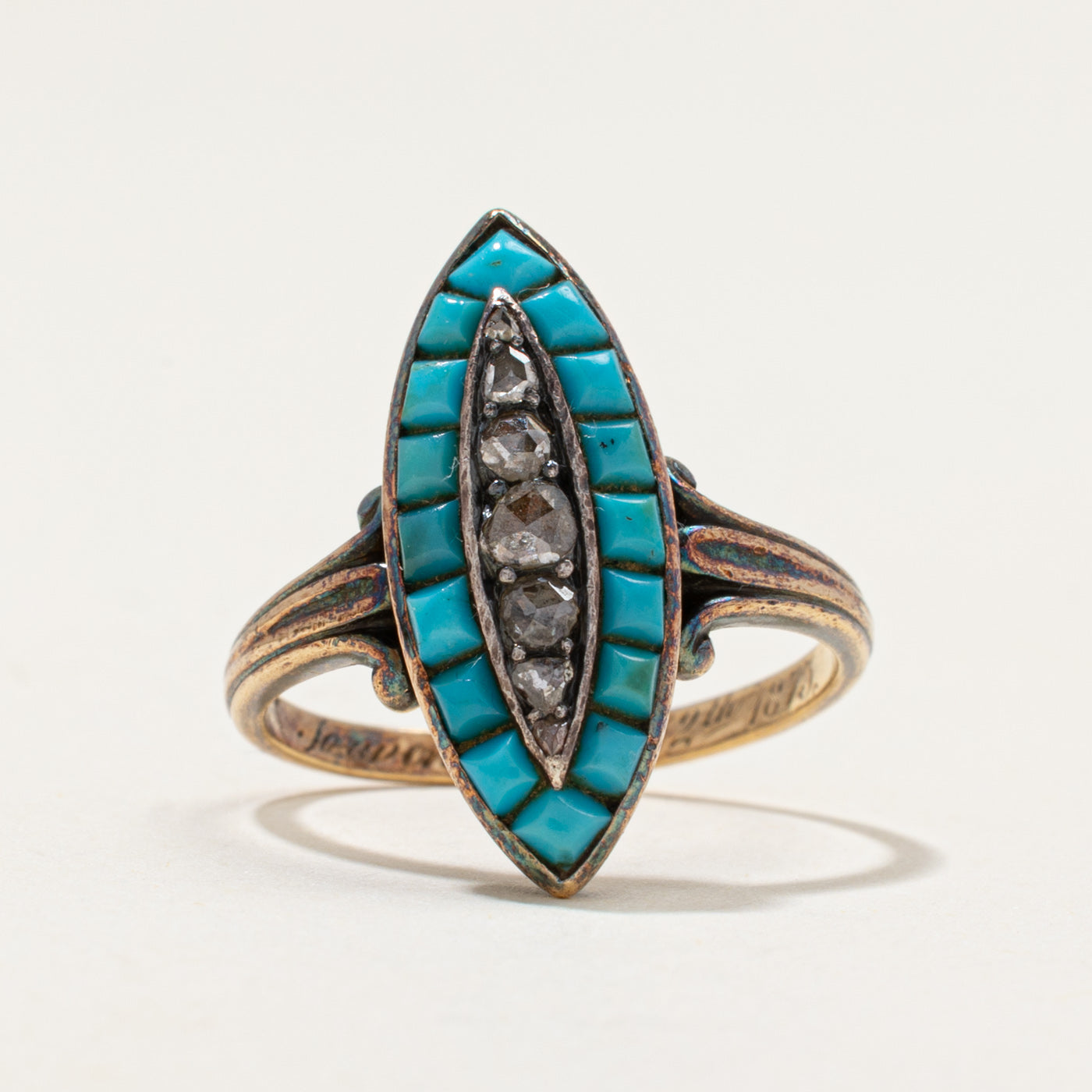 Antique Turquoise & Diamond Navette Ring | 0.96ctw, 0.10ctw | SZ 6.25