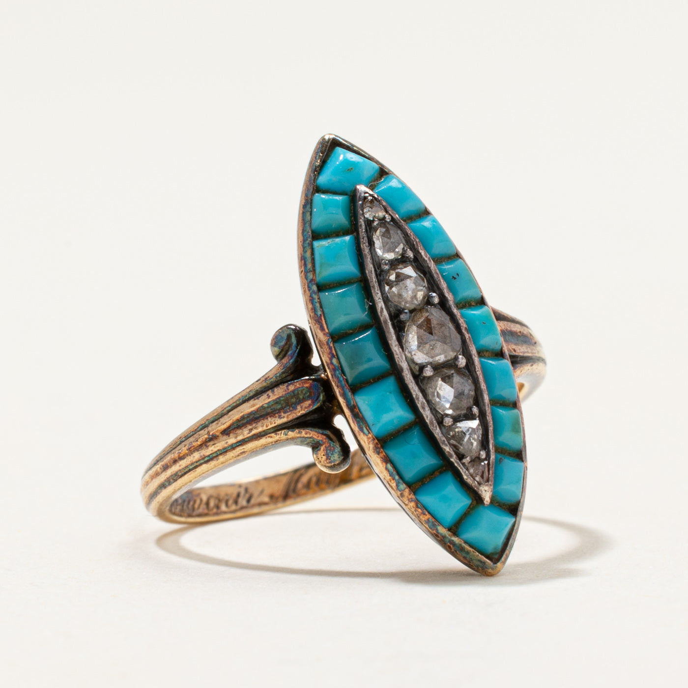 Antique Turquoise & Diamond Navette Ring | 0.96ctw, 0.10ctw | SZ 6.25