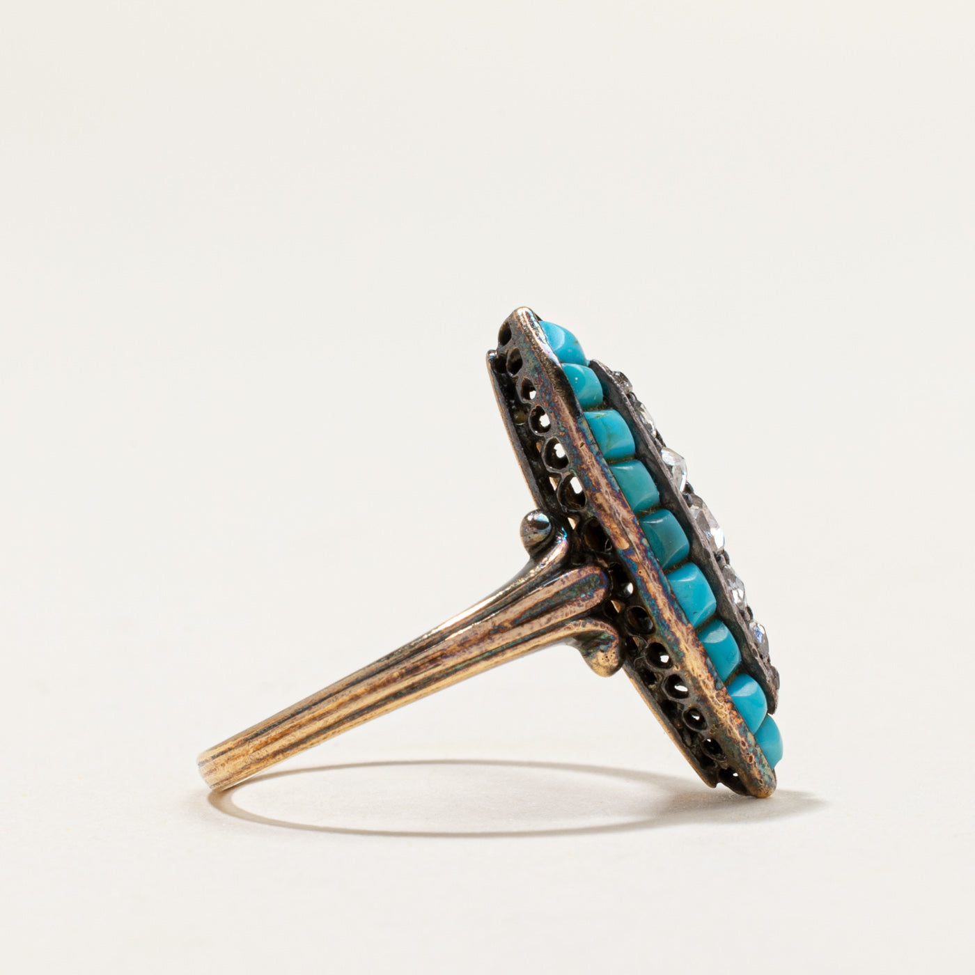 Antique Turquoise & Diamond Navette Ring | 0.96ctw, 0.10ctw | SZ 6.25