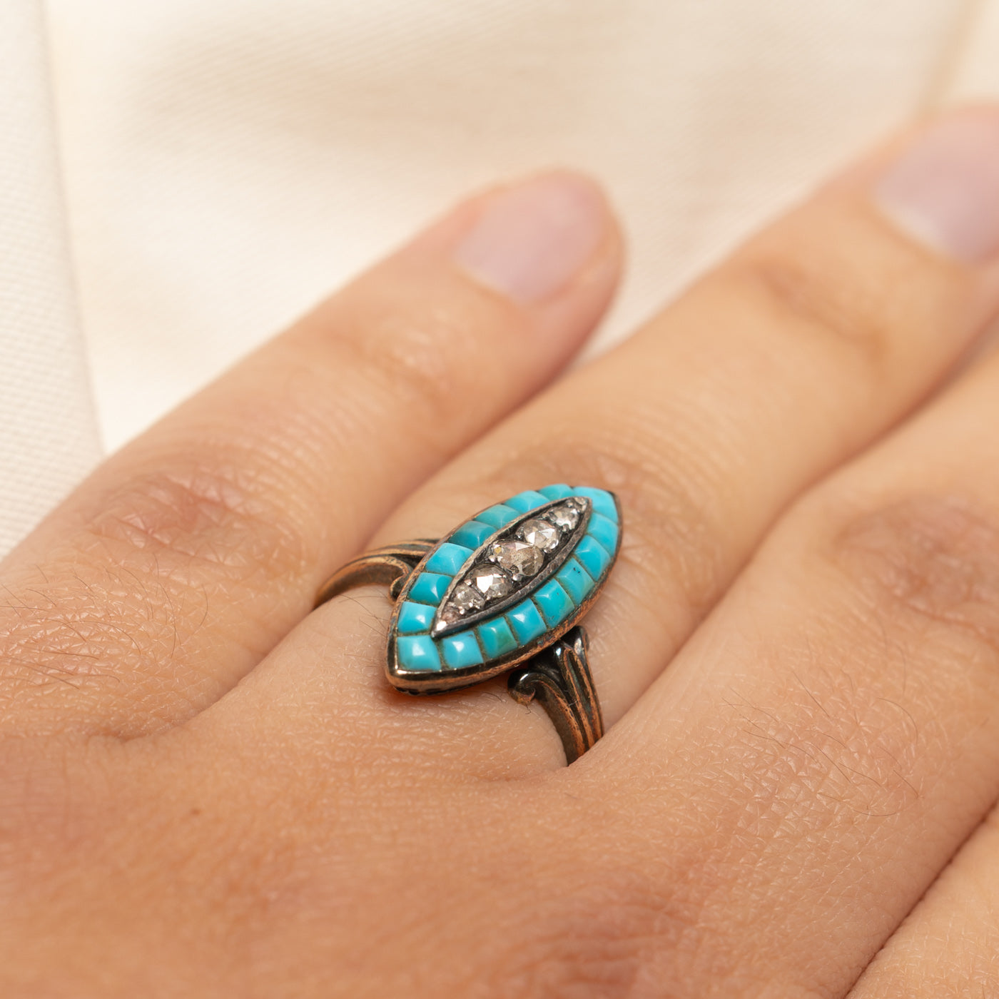 Antique Turquoise & Diamond Navette Ring | 0.96ctw, 0.10ctw | SZ 6.25