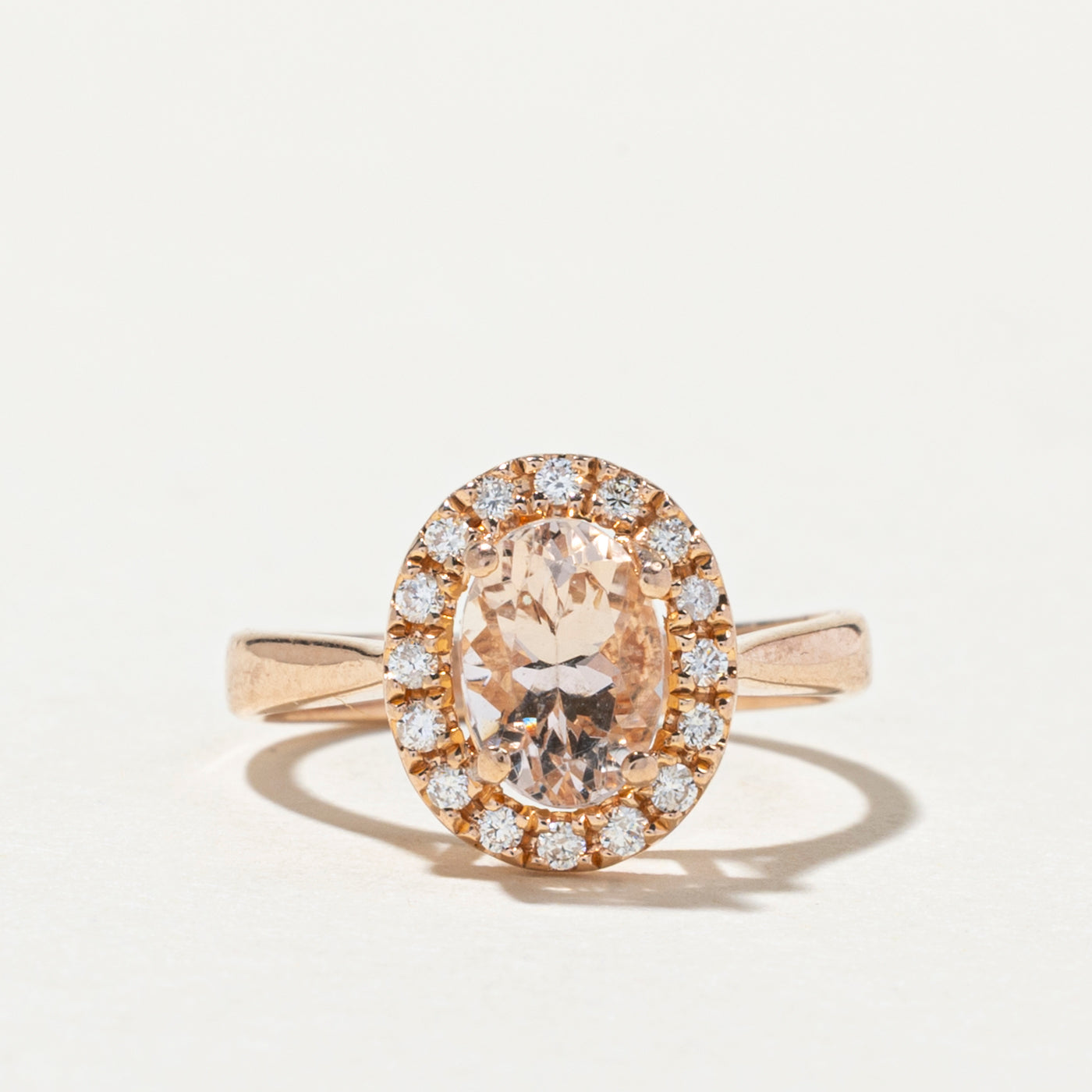 Oval Cut Morganite & Diamond Halo Ring | 0.71ct, 0.14ctw | SZ 3.25
