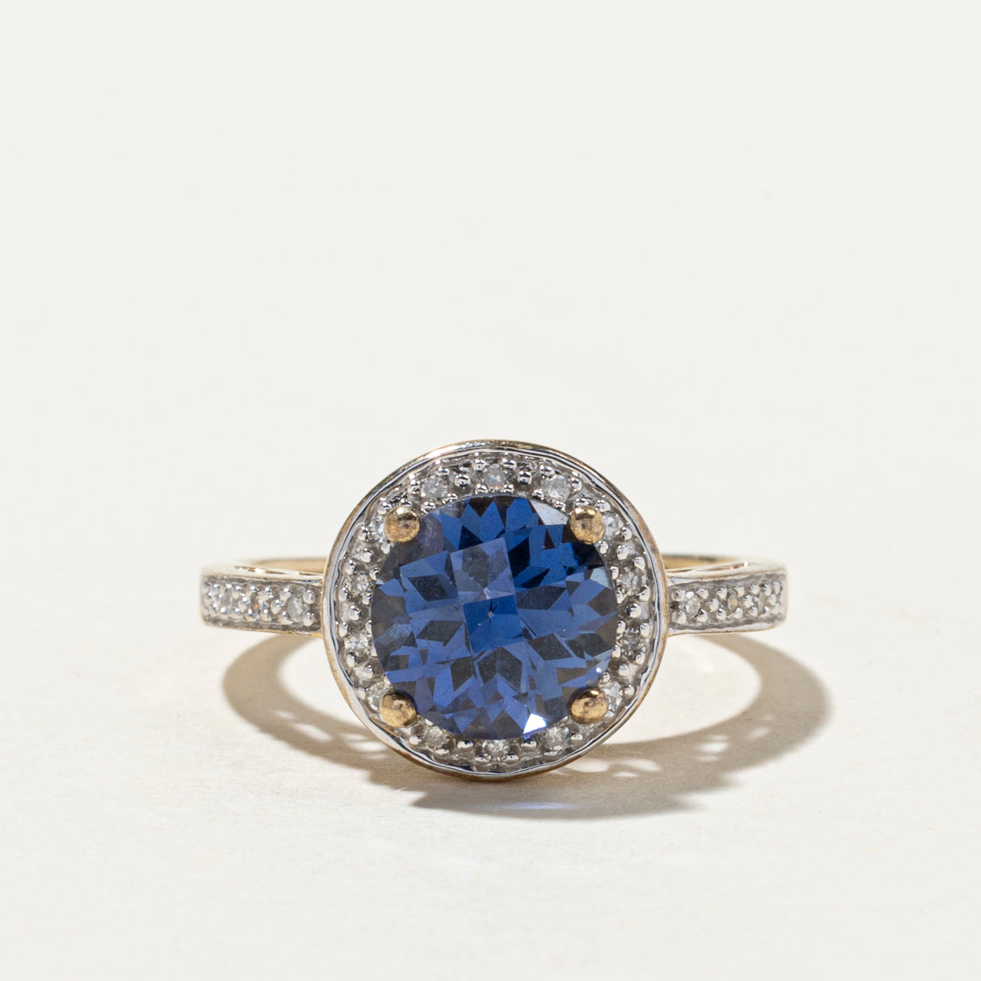 Checkerboard Cut Synthetic Sapphire & Diamond Halo Ring | 3.00ct, 0.06ctw | SZ 6