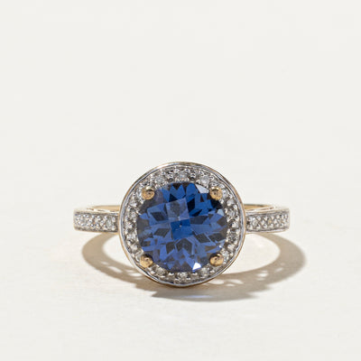 Checkerboard Cut Synthetic Sapphire & Diamond Halo Ring | 3.00ct, 0.06ctw | SZ 6