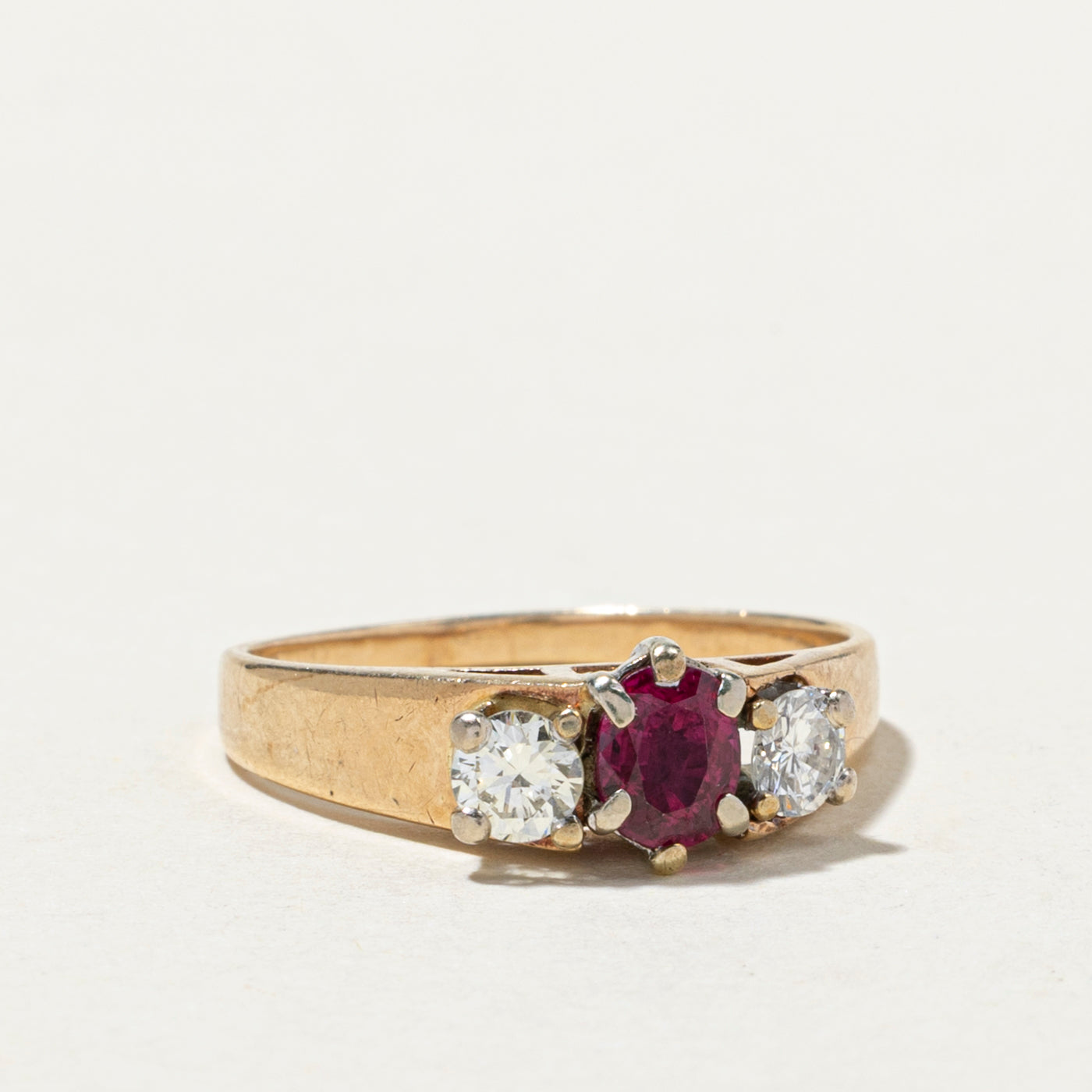 Three Stone Ruby & Diamond Ring | 0.52ct, 0.18ctw | SZ 7.25