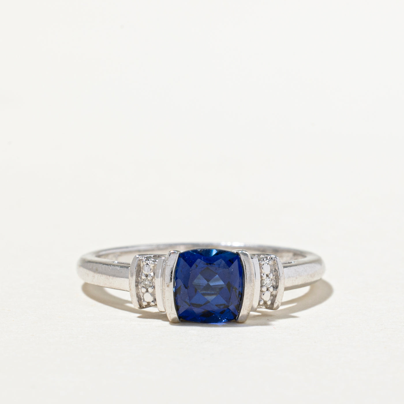 Sterling Silver Synthetic Sapphire & Natural Diamond Ring | 1.00ct, 0.01ctw | SZ 7.5