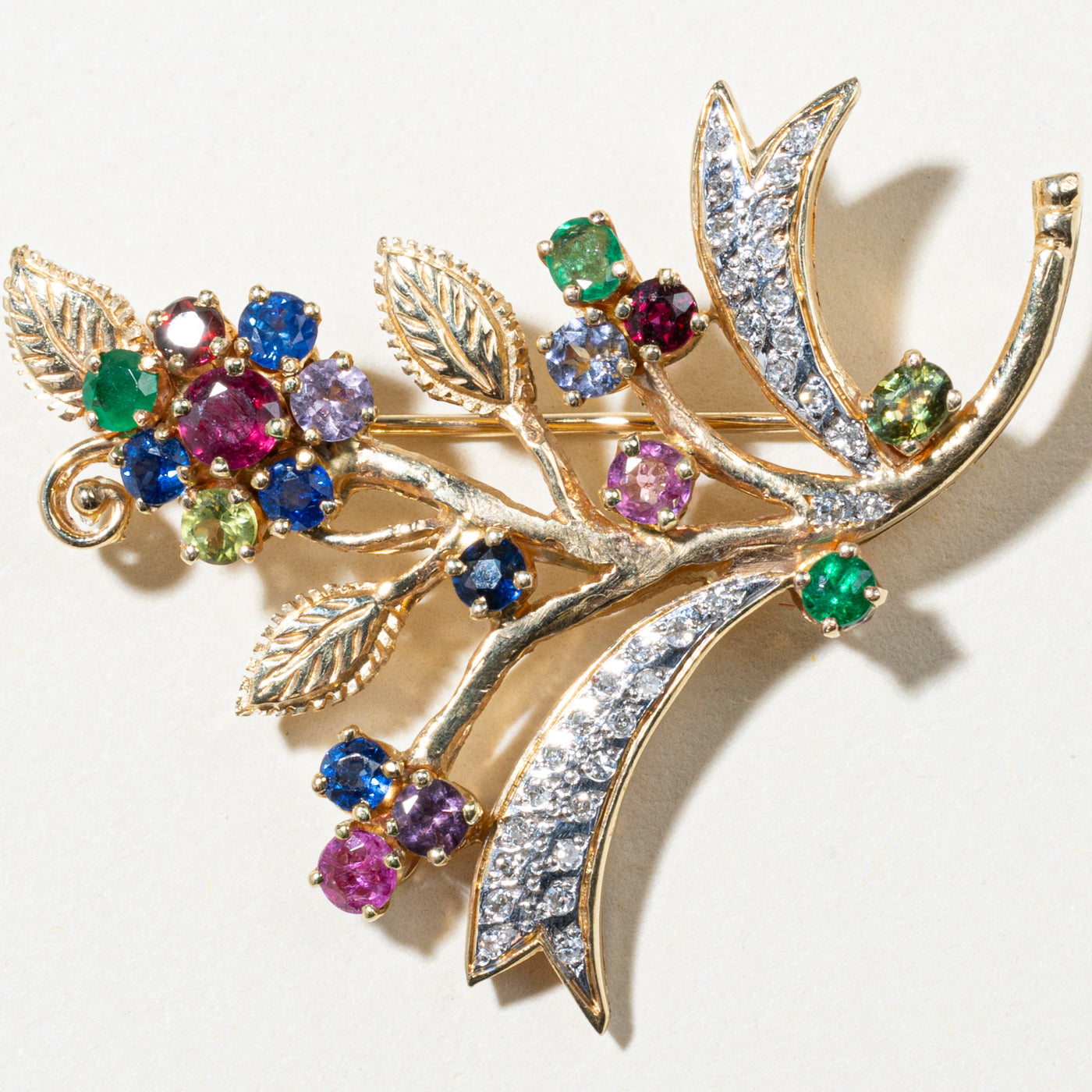 Coloured Gemstone & Diamond Floral Brooch | 2.22ctw, 0.25ctw |