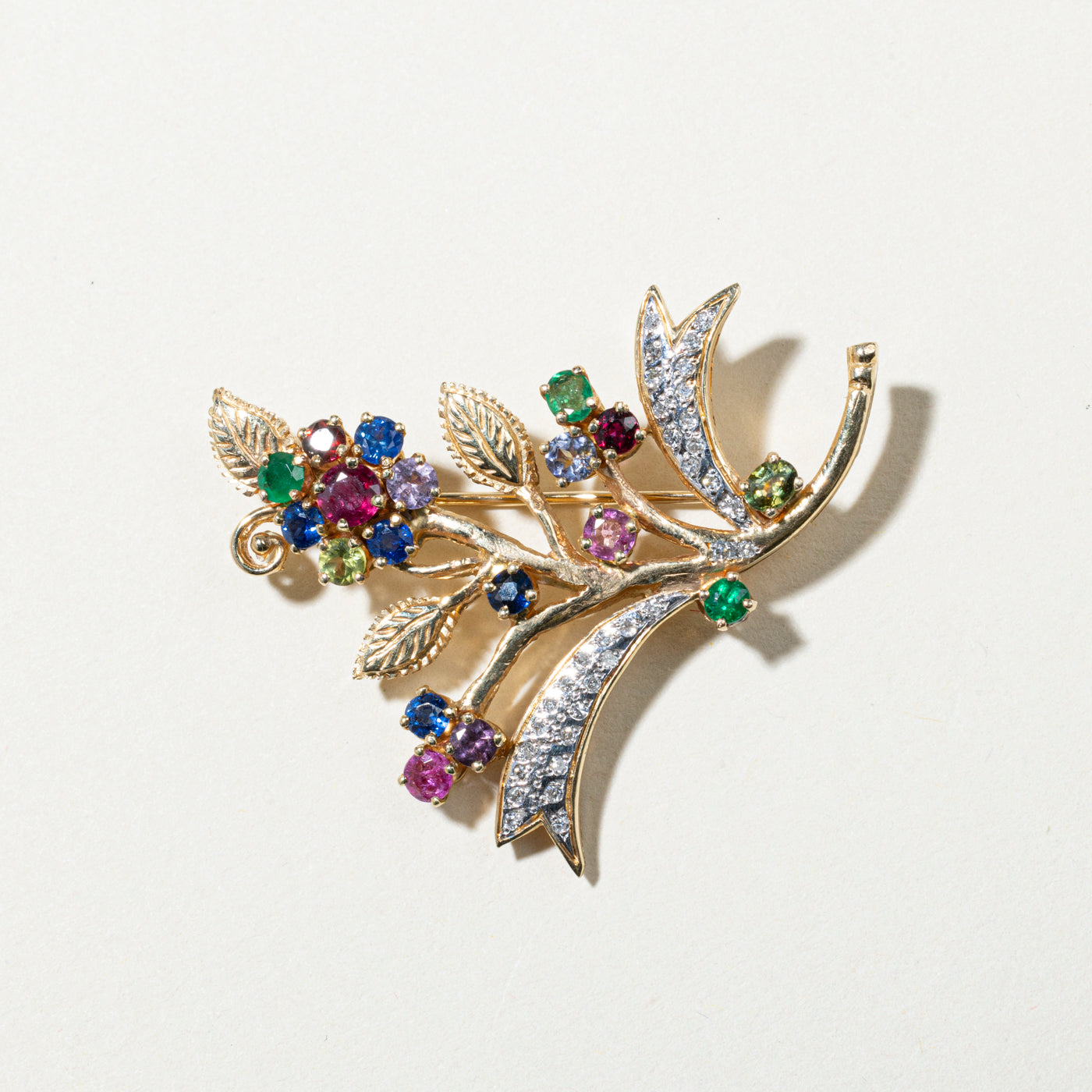 Coloured Gemstone & Diamond Floral Brooch | 2.22ctw, 0.25ctw |