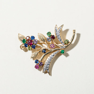 Coloured Gemstone & Diamond Floral Brooch | 2.22ctw, 0.25ctw |