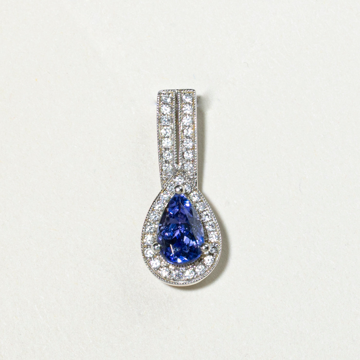 Pear Cut Tanznaite & Diamond Halo Drop Pendant | 0.85ct, 0.18ctw