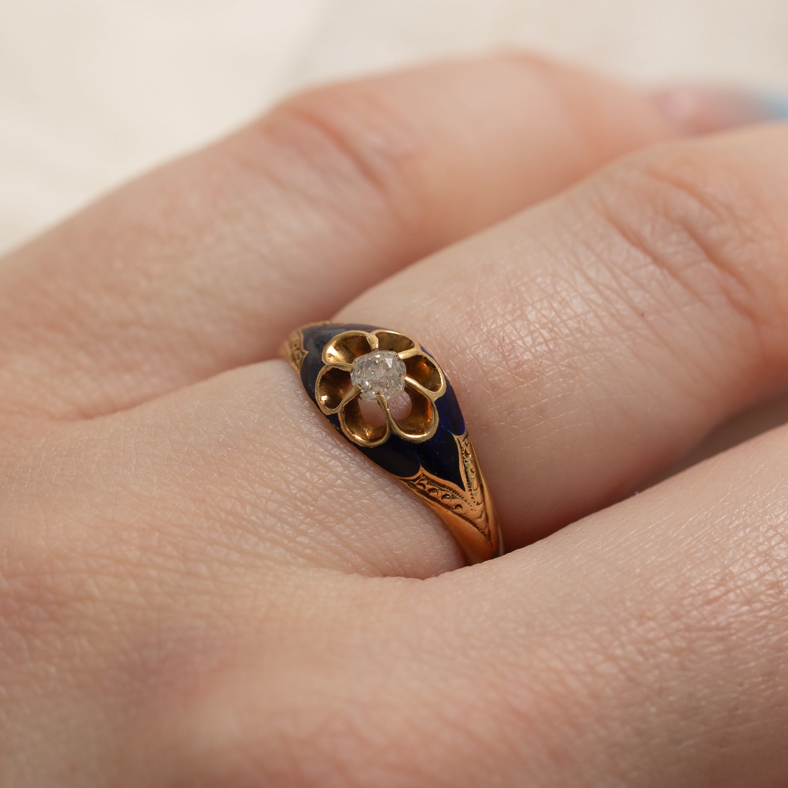 Belcher Set Old Mine Diamond Enamel Ring | 0.13ct | SZ 5.25