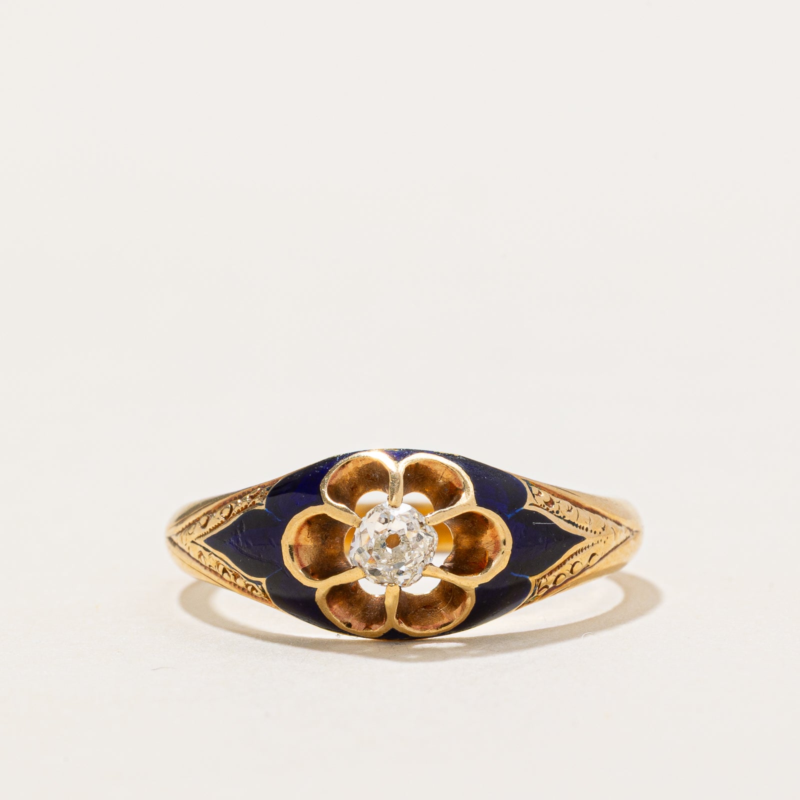 Belcher Set Old Mine Diamond Enamel Ring | 0.13ct | SZ 5.25