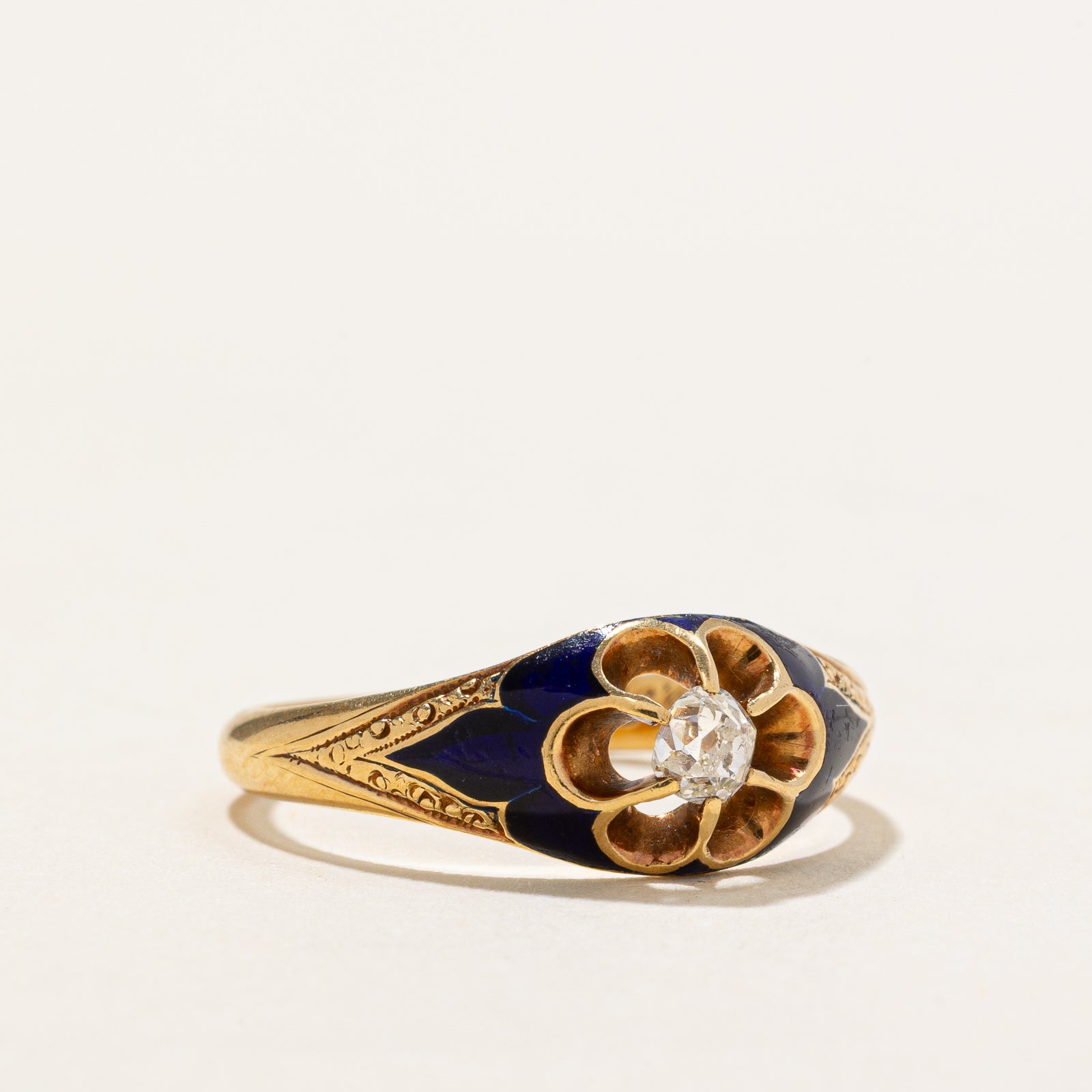 Belcher Set Old Mine Diamond Enamel Ring | 0.13ct | SZ 5.25