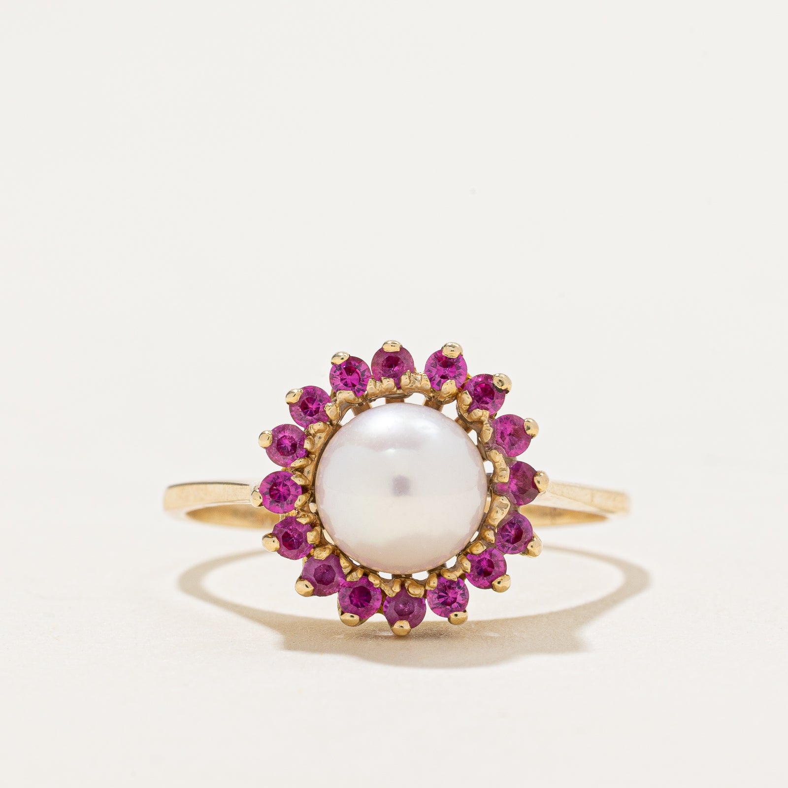 Pearl & Synthetic Ruby Halo Ring | 0.48ctw | SZ 7.5