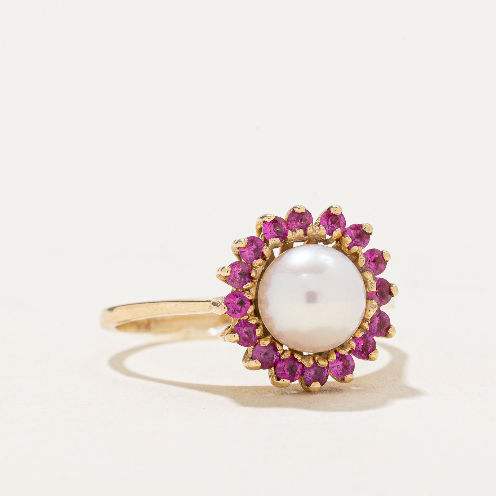 Pearl & Synthetic Ruby Halo Ring | 0.48ctw | SZ 7.5
