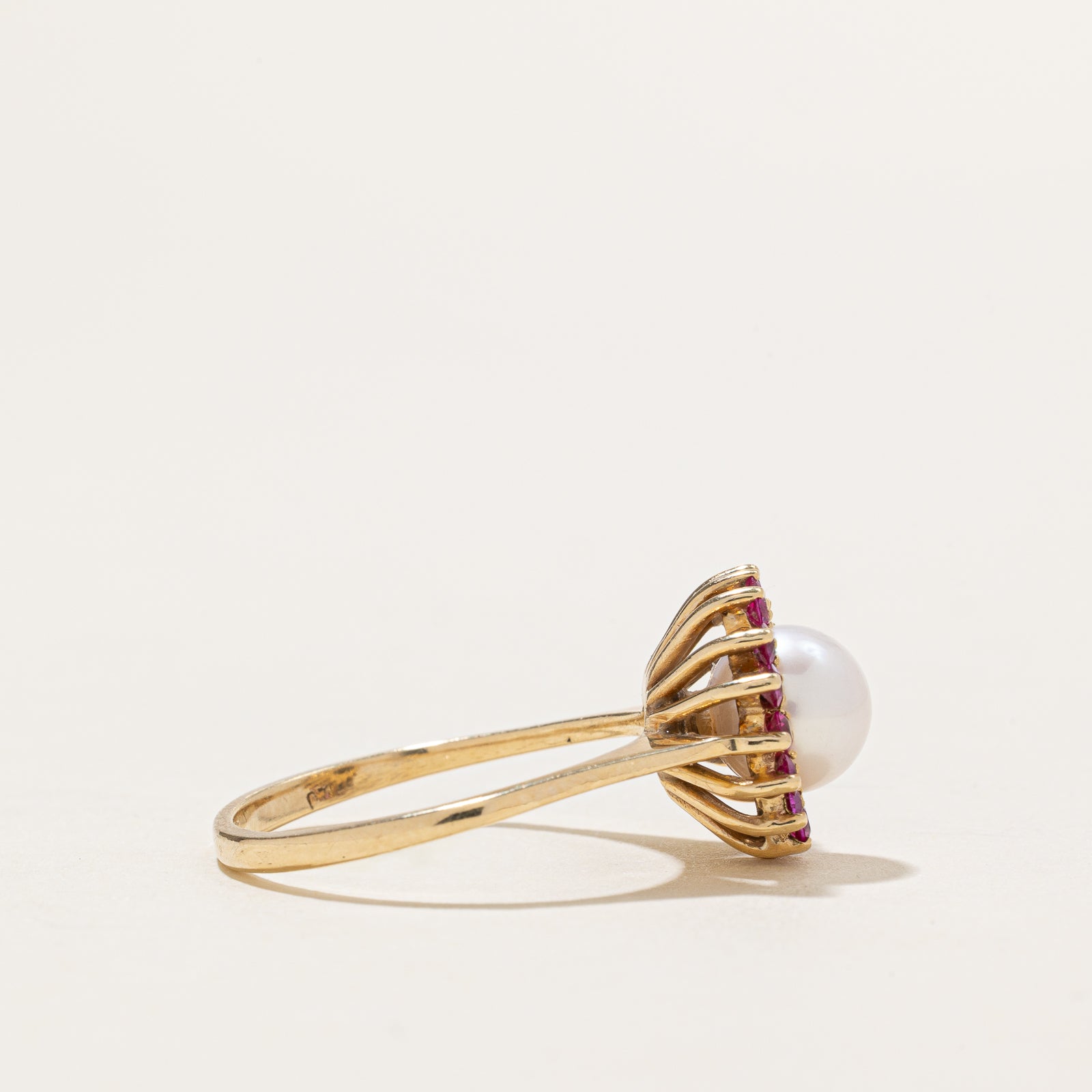 Pearl & Synthetic Ruby Halo Ring | 0.48ctw | SZ 7.5