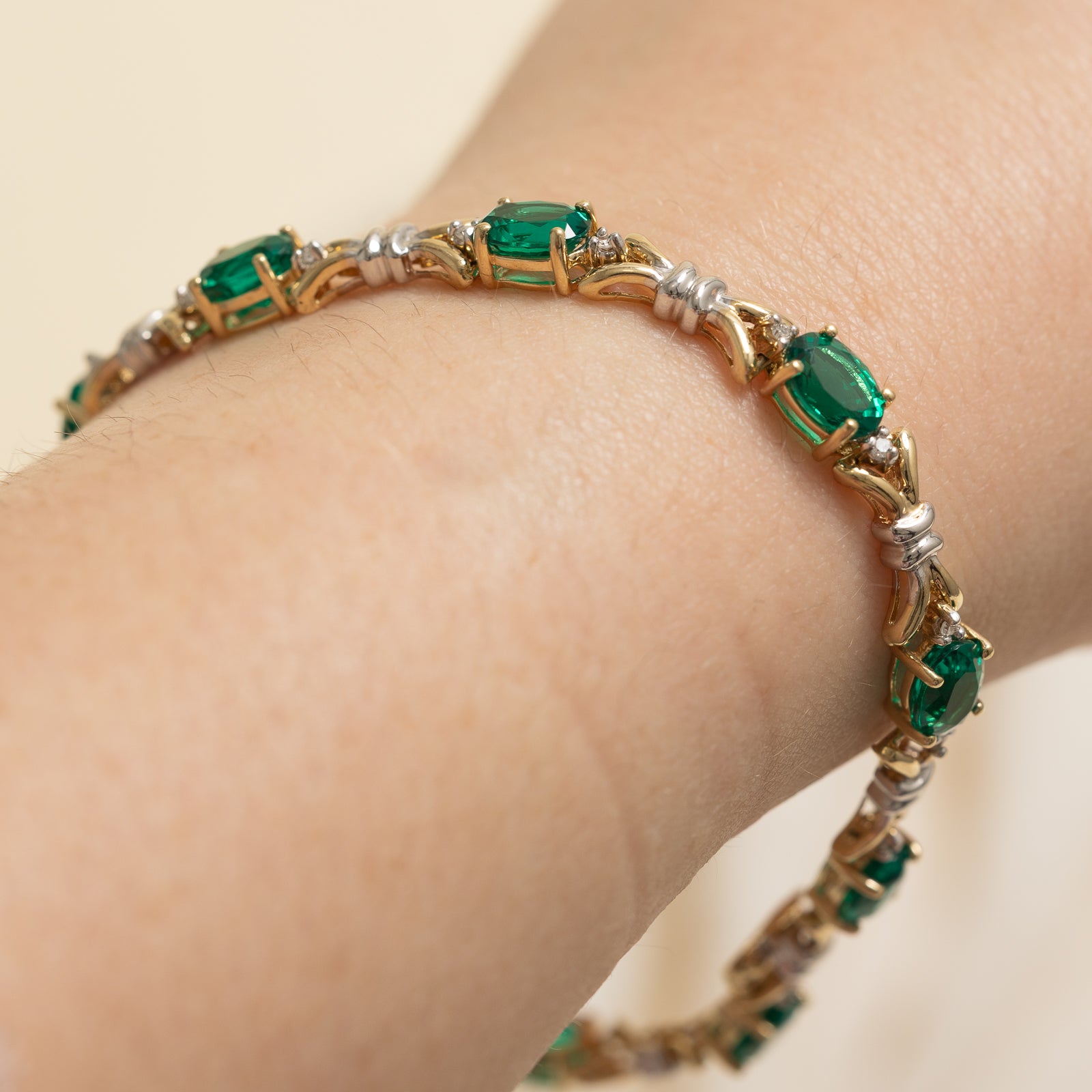 Synthetic Emerald & Diamond Eternity Bracelet |  7.50ctw, 0.12ctw | 7.5"