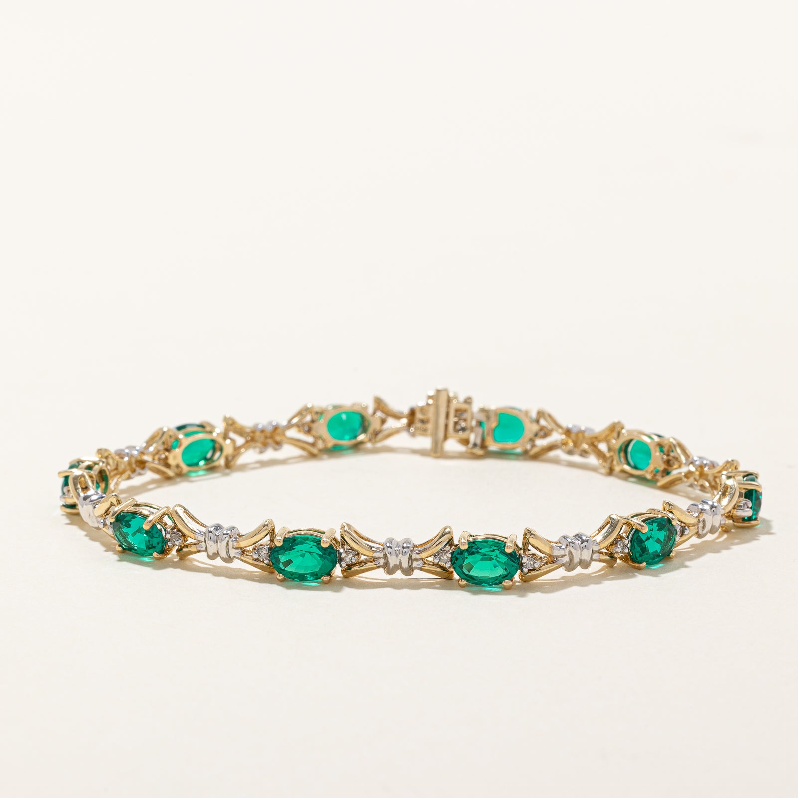 Synthetic Emerald & Diamond Eternity Bracelet |  7.50ctw, 0.12ctw | 7.5"