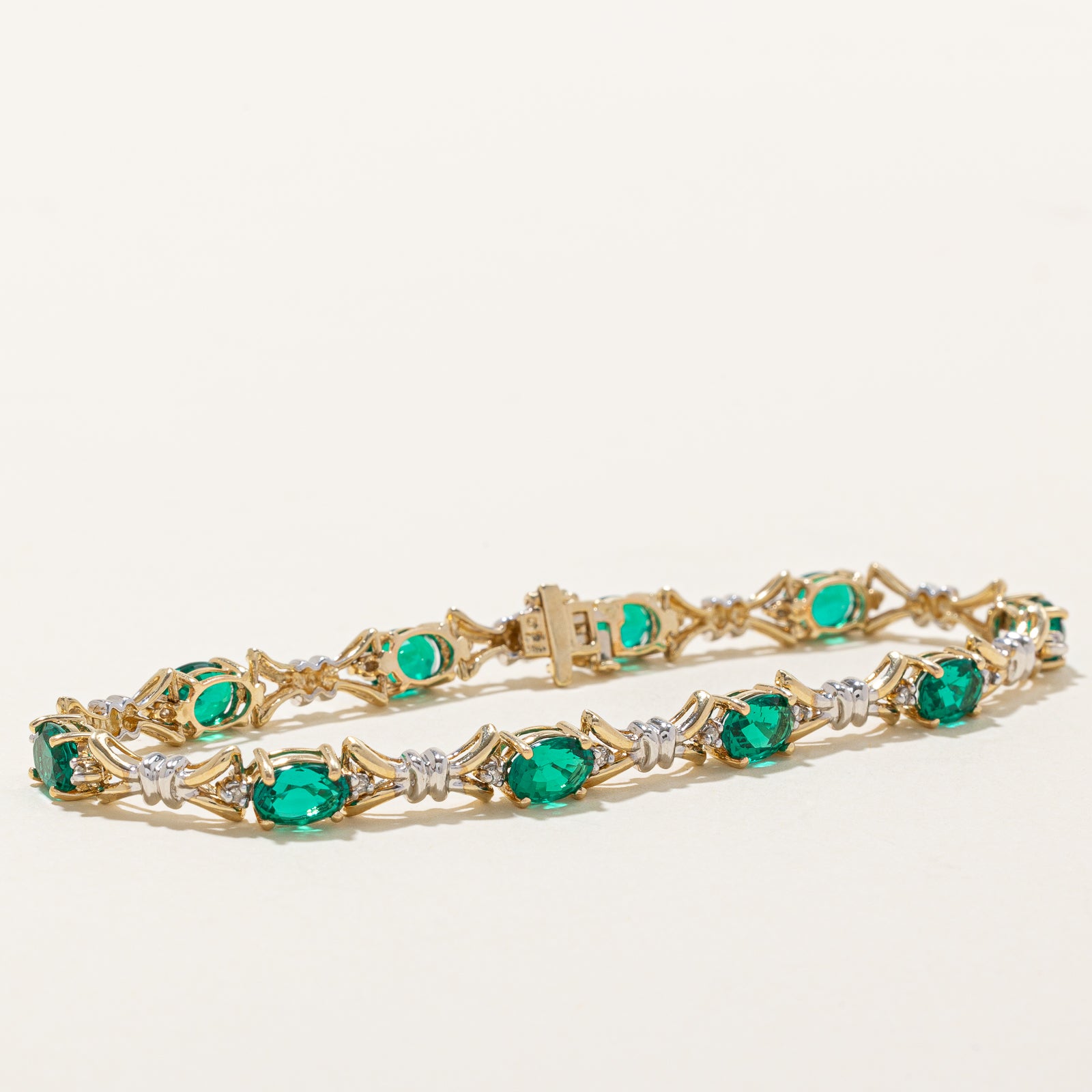 Synthetic Emerald & Diamond Eternity Bracelet |  7.50ctw, 0.12ctw | 7.5"