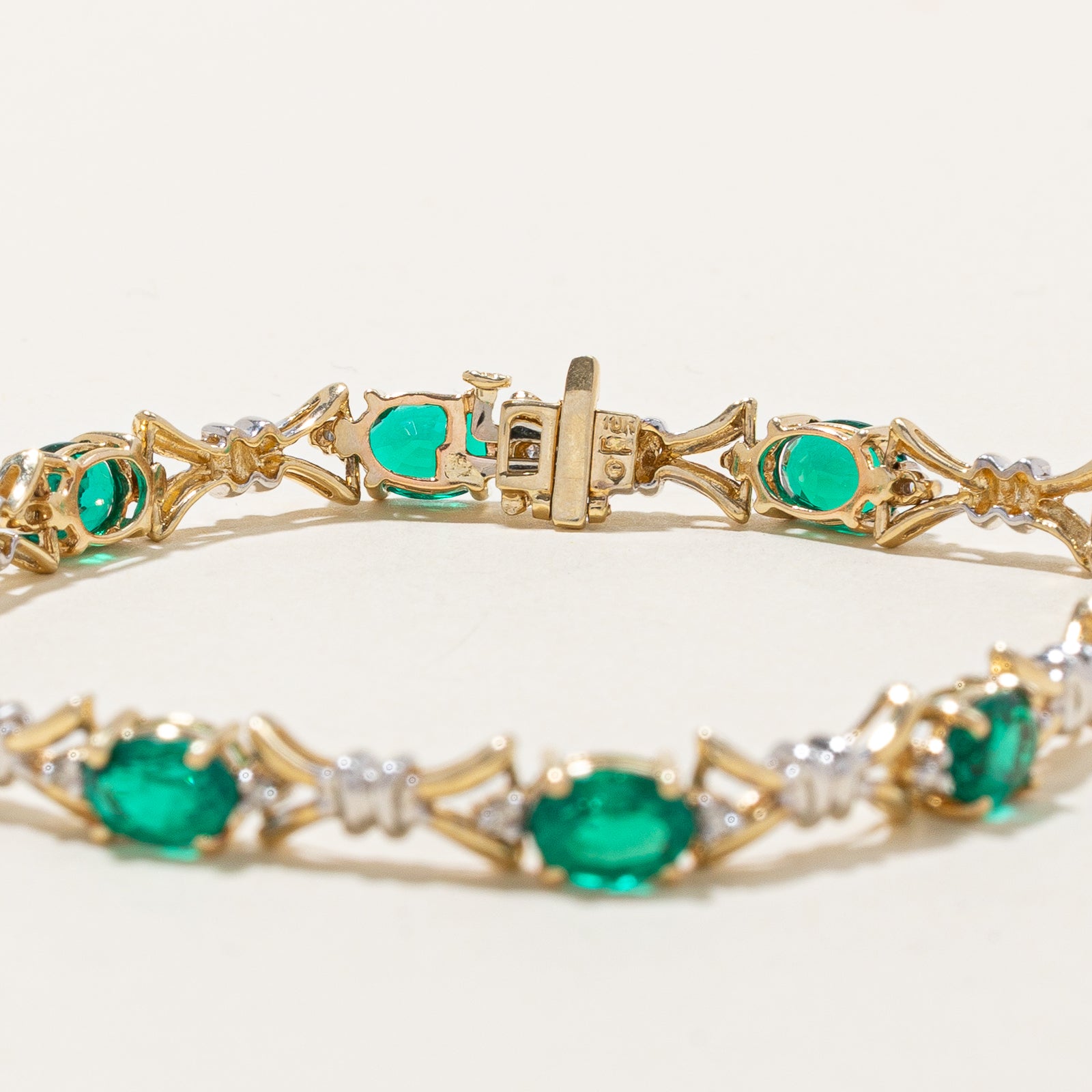 Synthetic Emerald & Diamond Eternity Bracelet |  7.50ctw, 0.12ctw | 7.5"