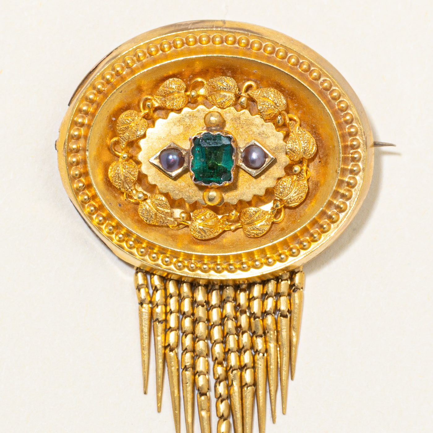 14K Ornate Dangling Emerald Doublet & Seed Pearls Brooch