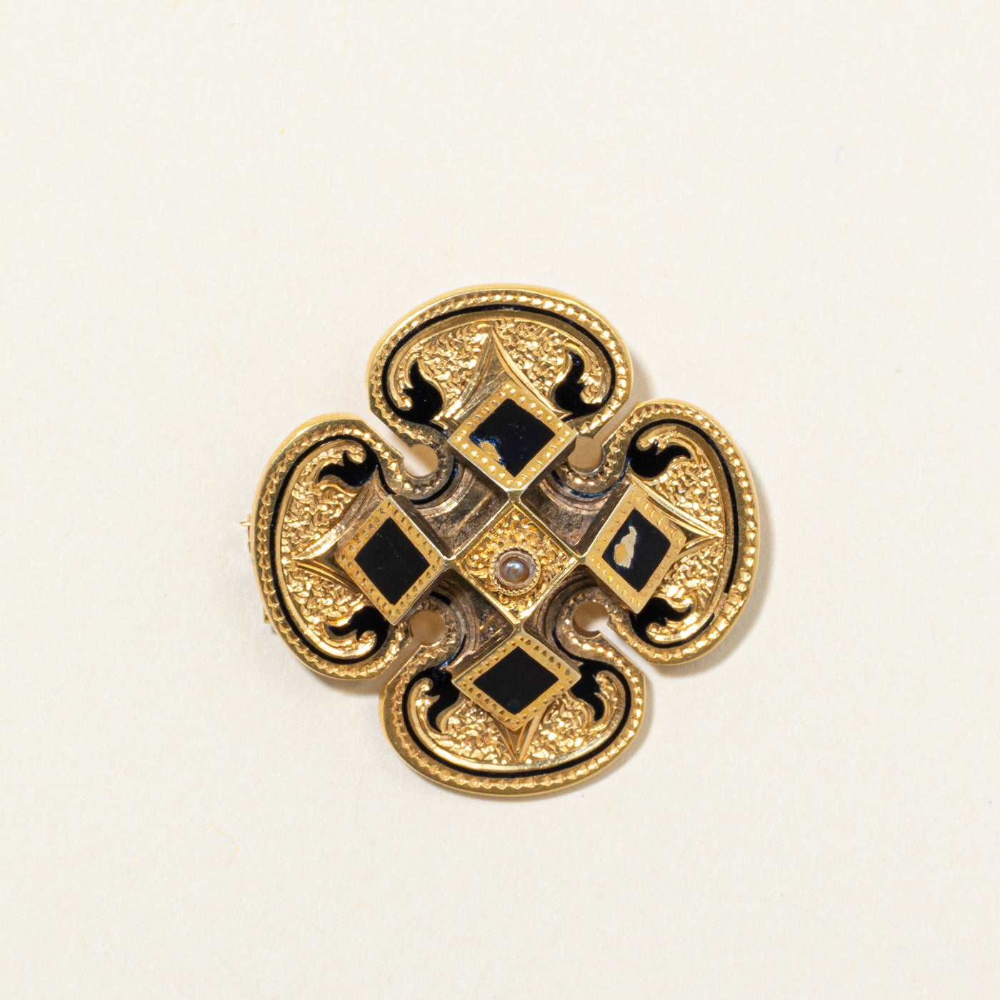 14K Ornate Black Enamel Brooch