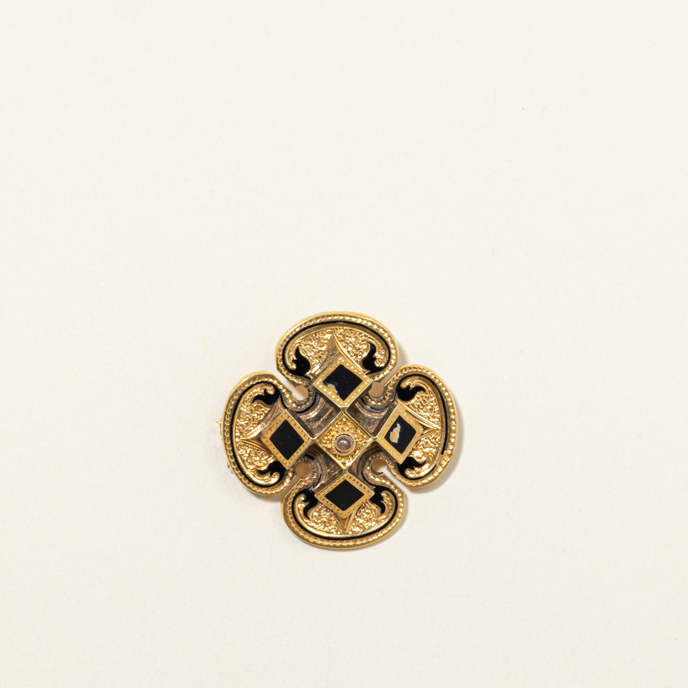 14K Ornate Black Enamel Brooch