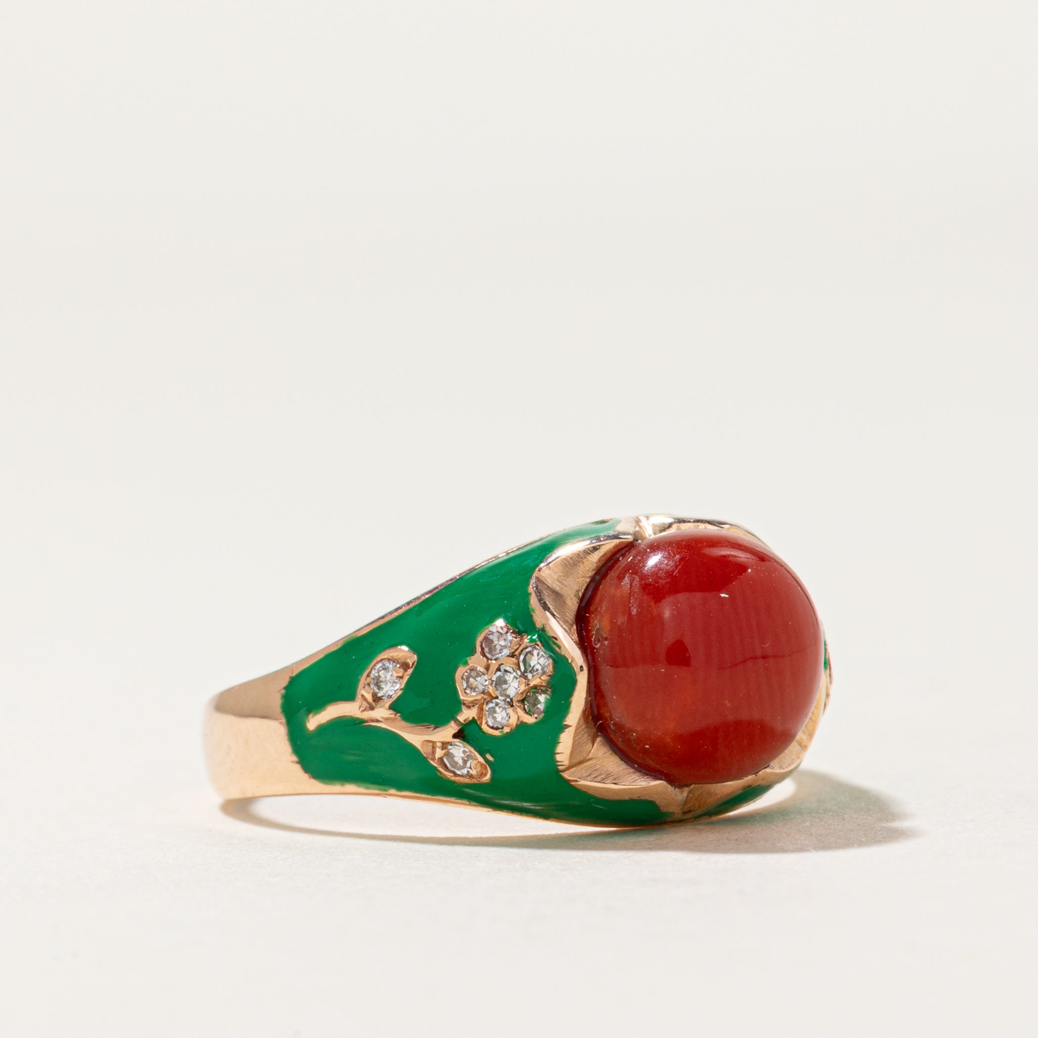 Italian Red Coral & Diamond Floral Enamel Dome Ring | 2.00ct, 0.08ctw | SZ 7