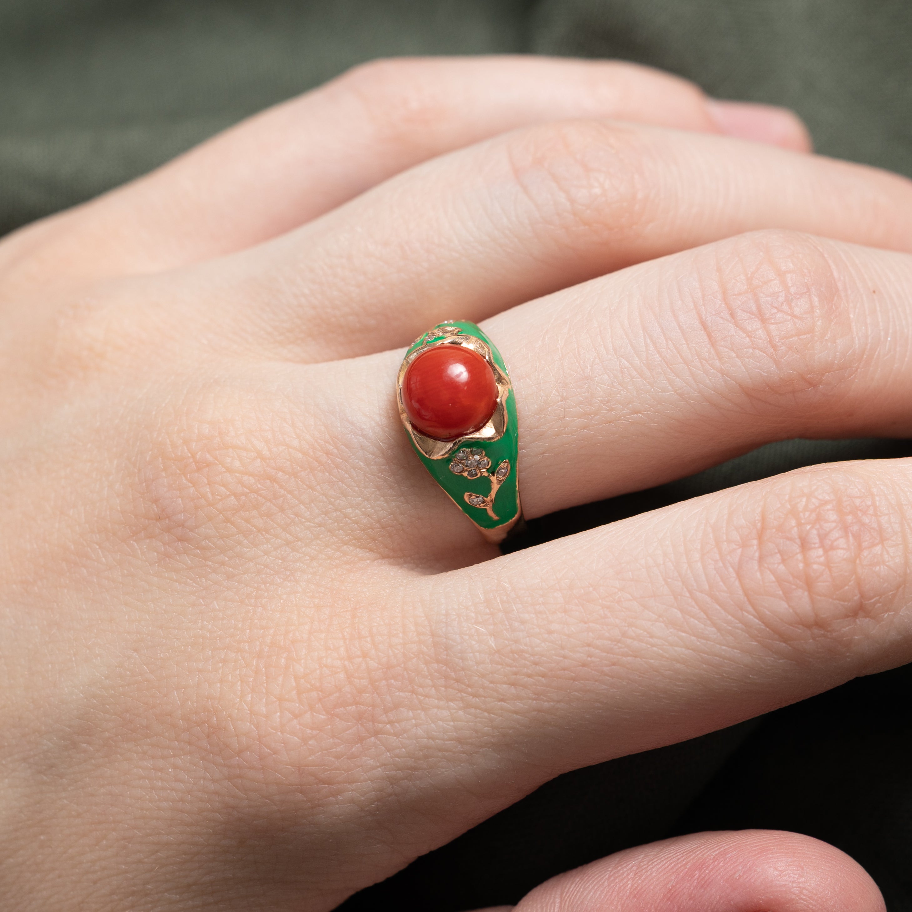 Italian Red Coral & Diamond Floral Enamel Dome Ring | 2.00ct, 0.08ctw | SZ 7