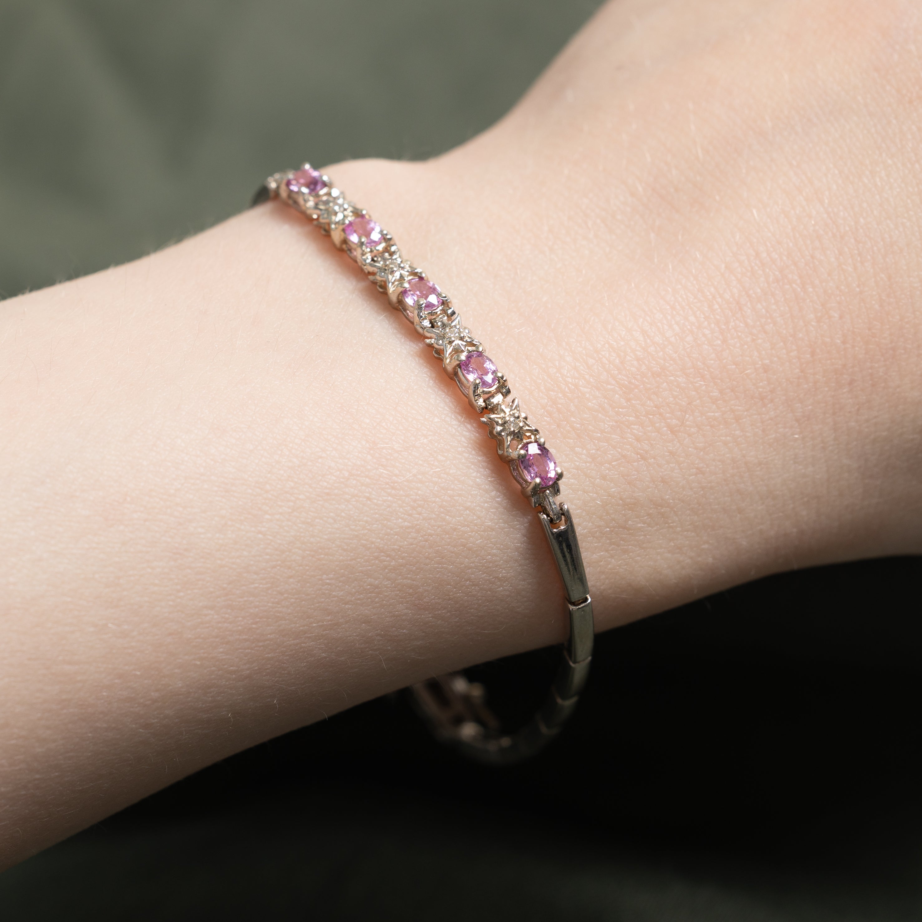14K Pink Sapphire & Diamond Bar Link Gemstone Bracelet | 1.25ctw, 0.04ctw | 7.5"
