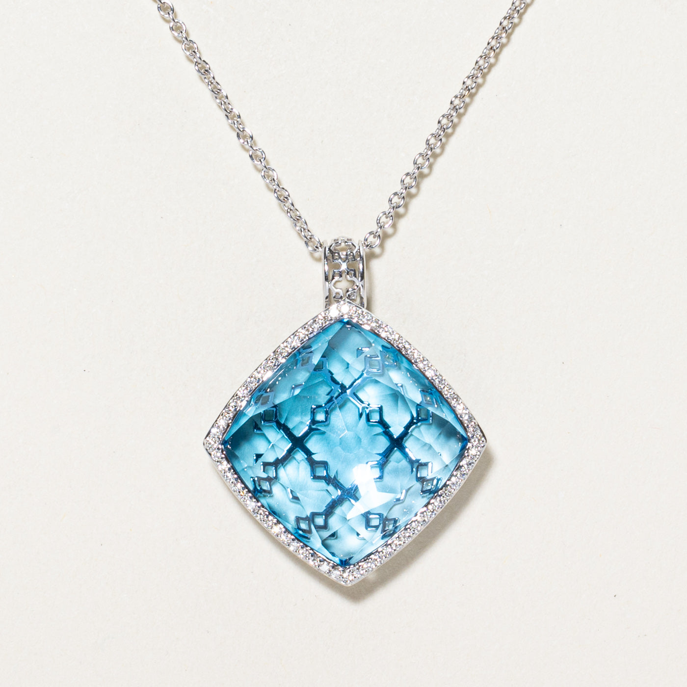 'Birks' Blue Topaz & Diamond Halo Pendant Necklace | 20.00ct, 0.13ctw | 18"