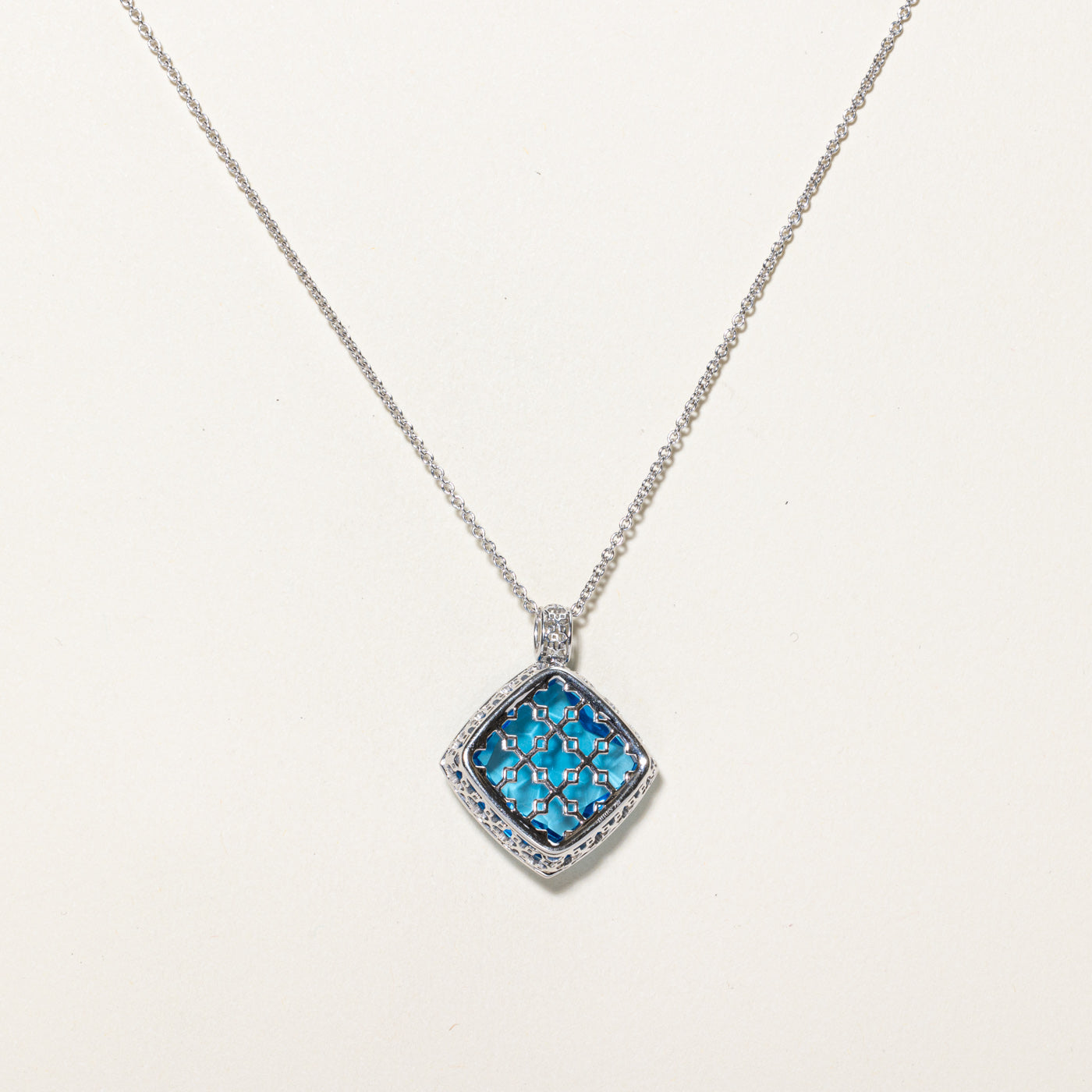 'Birks' Blue Topaz & Diamond Halo Pendant Necklace | 20.00ct, 0.13ctw | 18"
