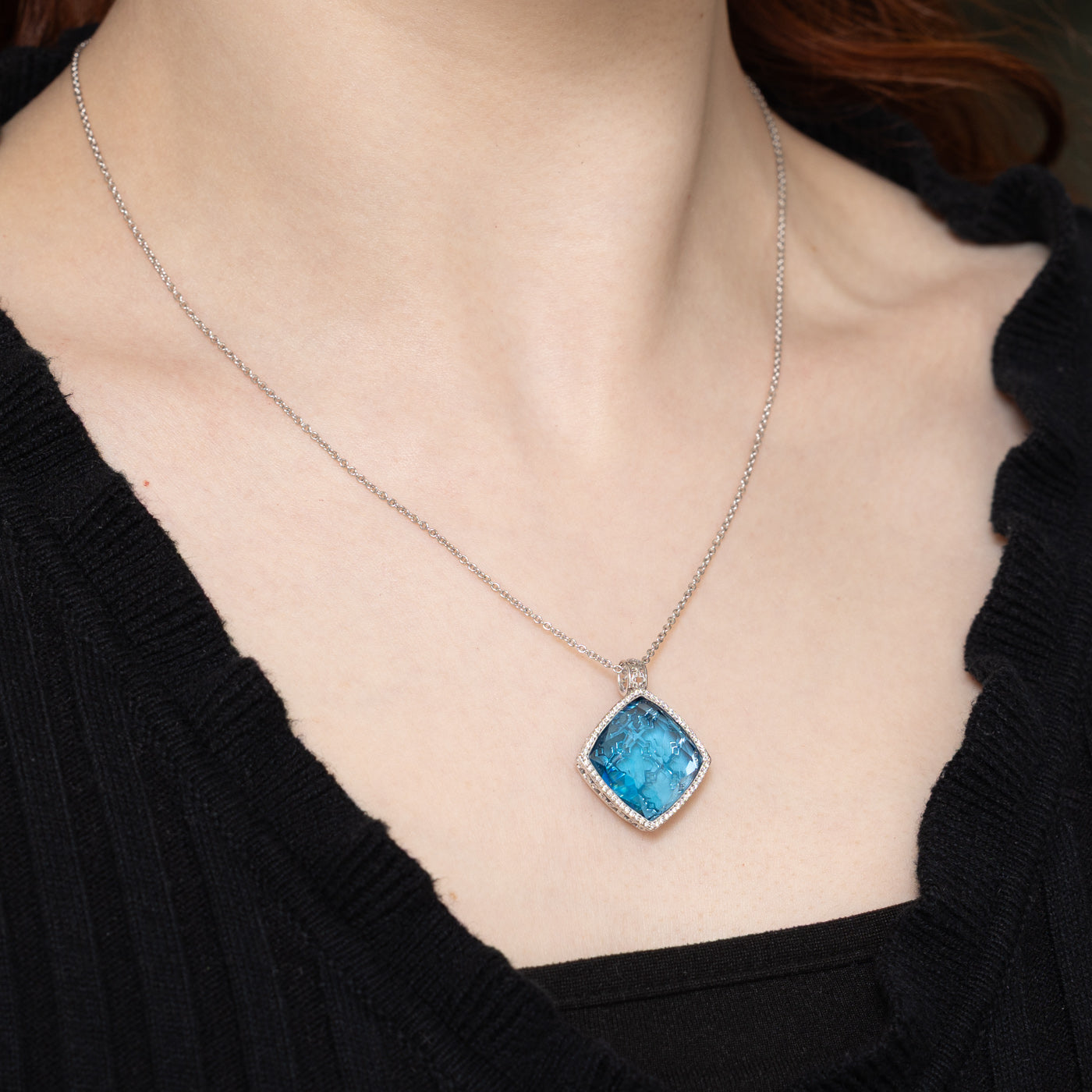 'Birks' Blue Topaz & Diamond Halo Pendant Necklace | 20.00ct, 0.13ctw | 18"