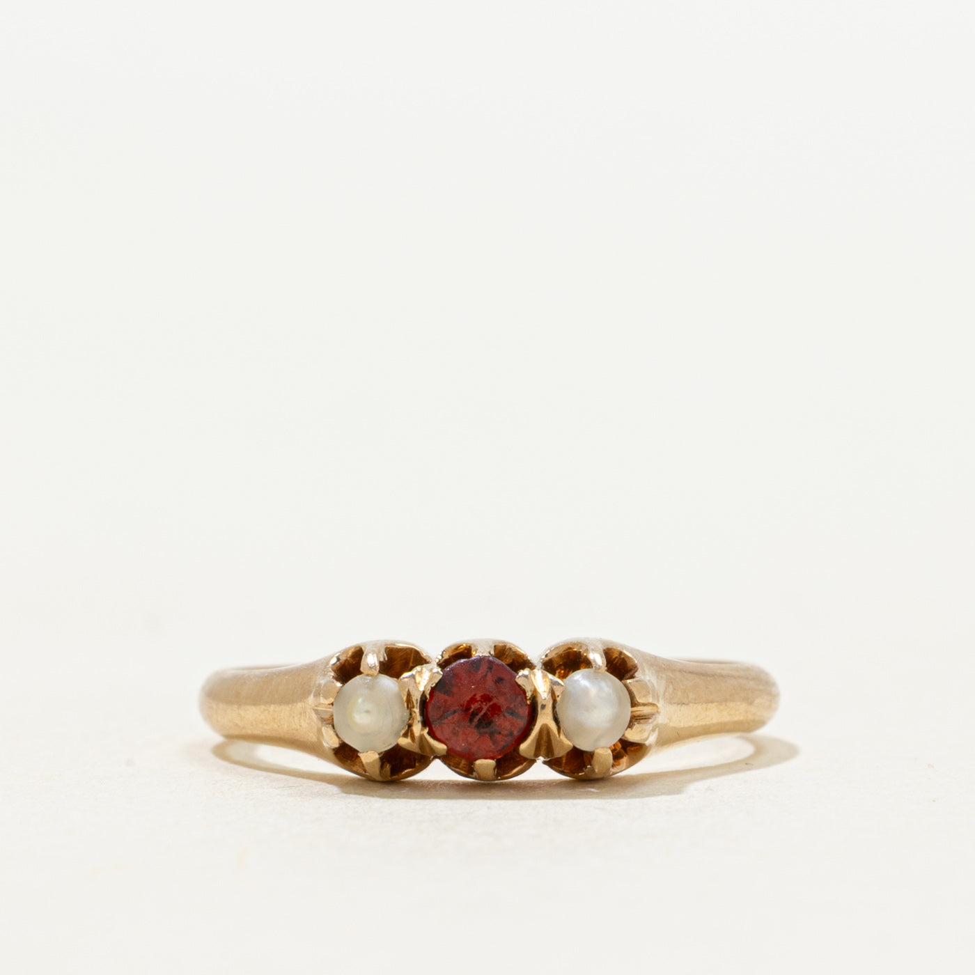 'Birks' Belcher Set Garnet & Pearl Pinky Ring | 0.95ct | SZ 3.5