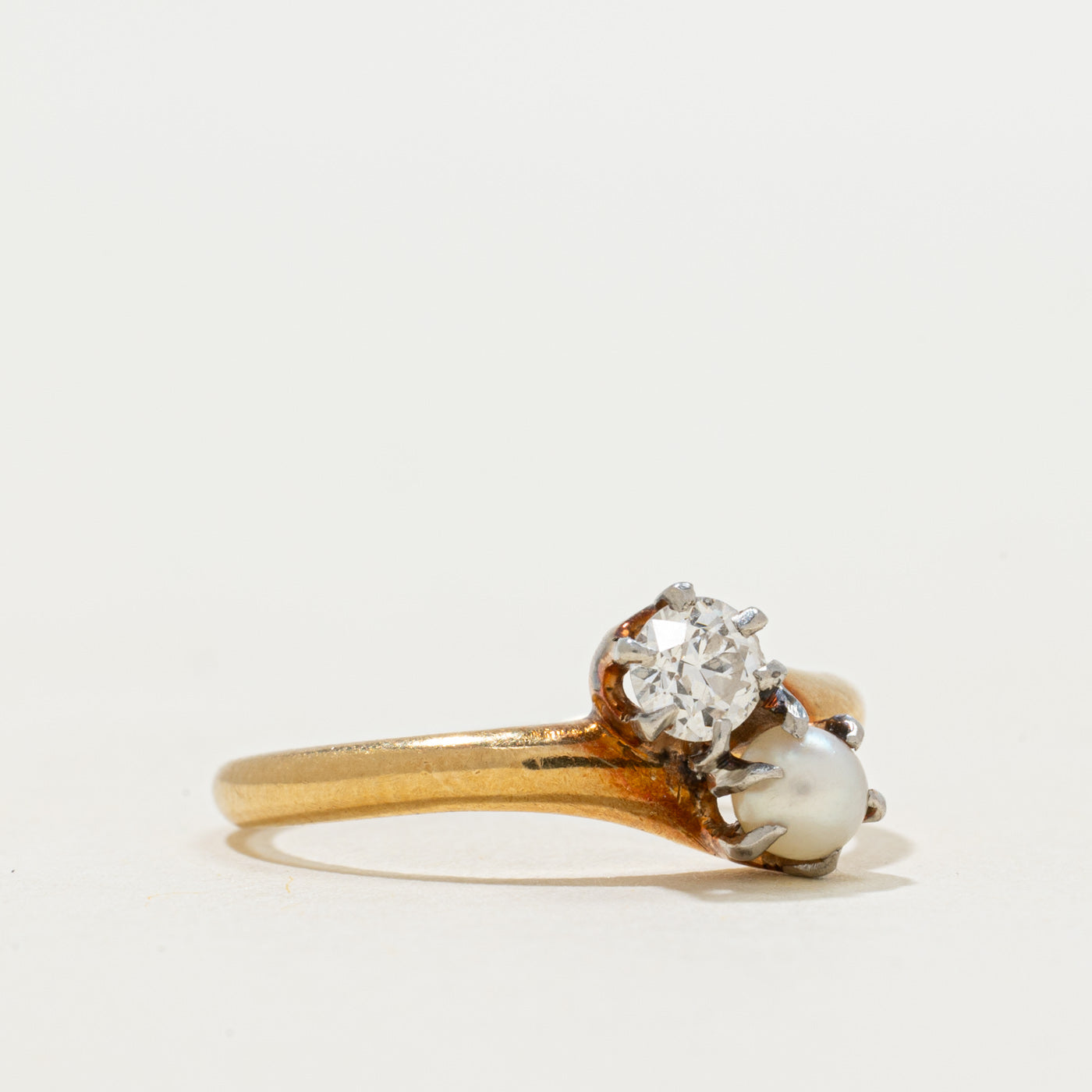 'Birks' 18k Toi et Moi Old European Cut Diamond & Pearl Ring | 0.24ct | SZ 6