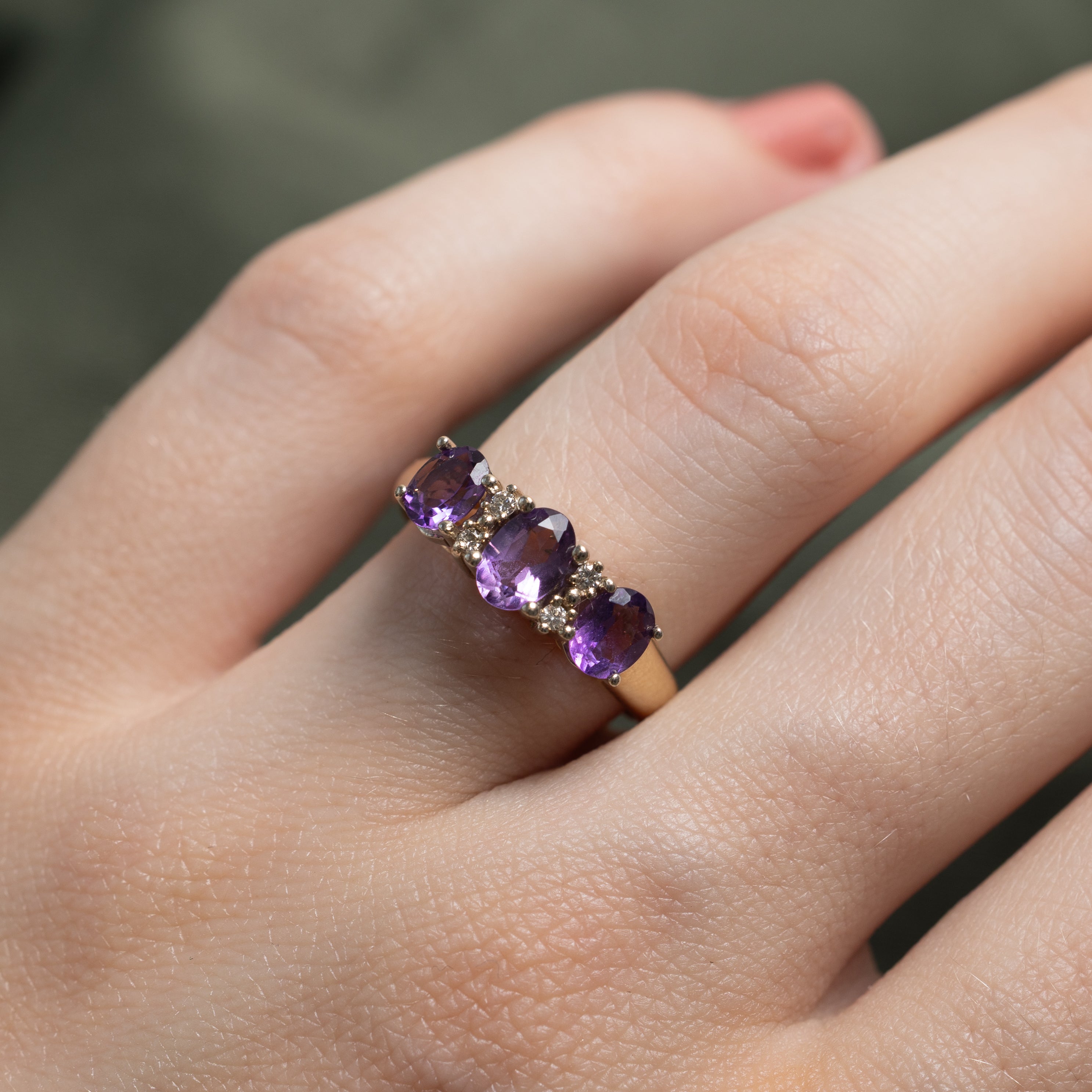 'Birks' Three Stone Amethyst & Diamond Ring | 0.83ctw, 0.02ctw | SZ 6.25