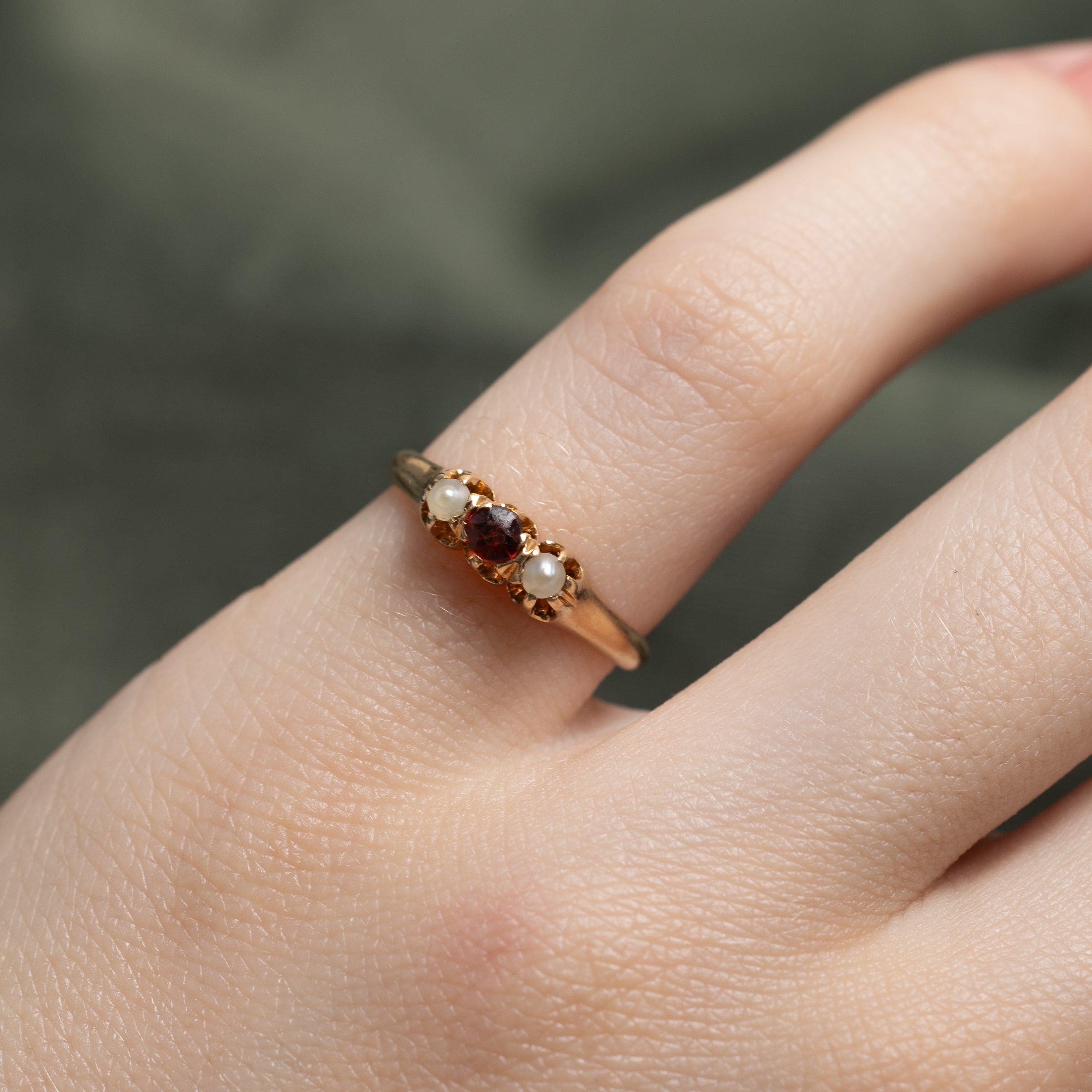 'Birks' Belcher Set Garnet & Pearl Pinky Ring | 0.95ct | SZ 3.5
