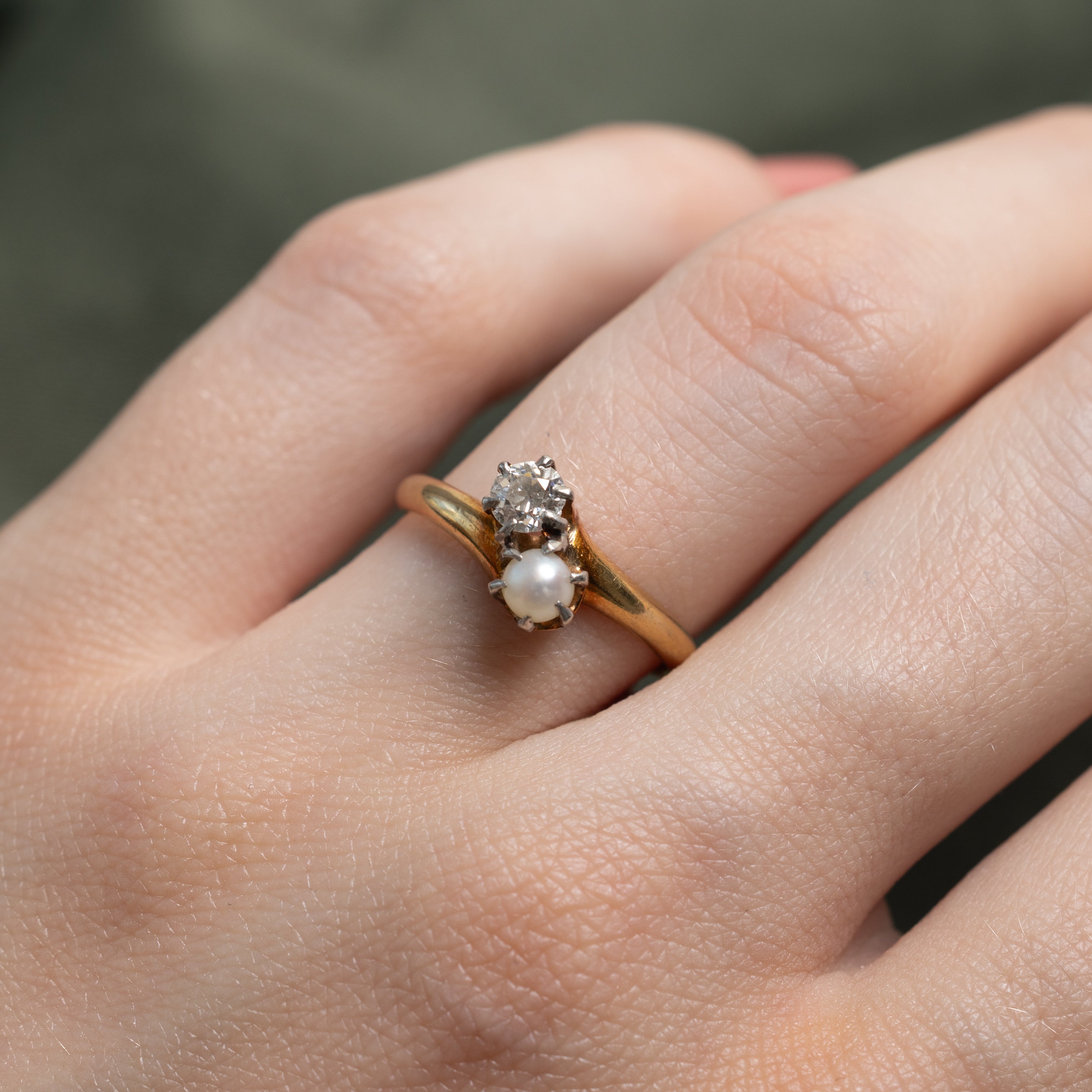 'Birks' 18k Toi et Moi Old European Cut Diamond & Pearl Ring | 0.24ct | SZ 6