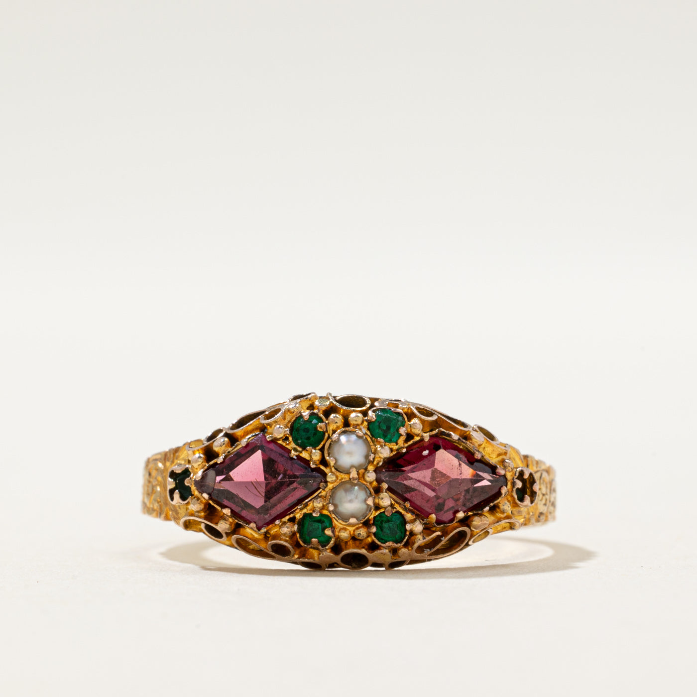 1874 Victorian Birmingham Garnet & Pearl Antique Ring | 0.80ctw | SZ 8.5