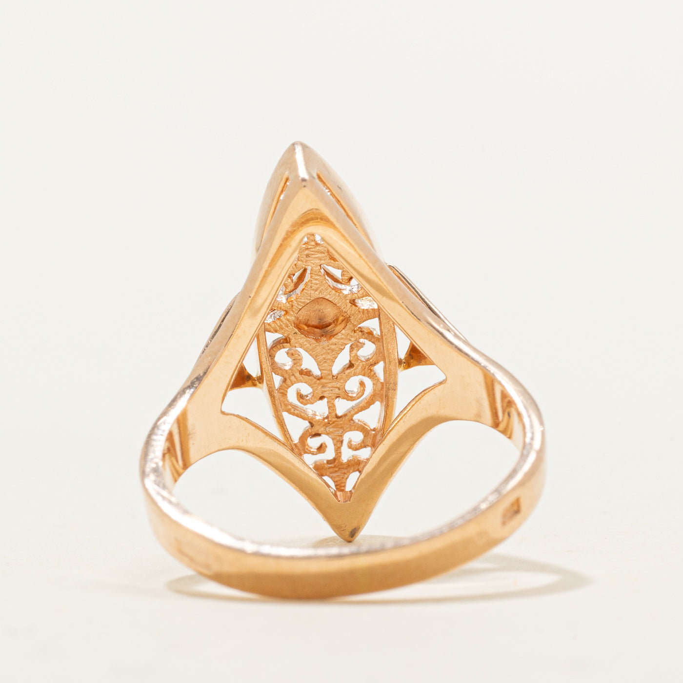 1992 Soviet Hallmarked 14K Rose Gold Scrollwork Navette Ring | SZ 6.75 |