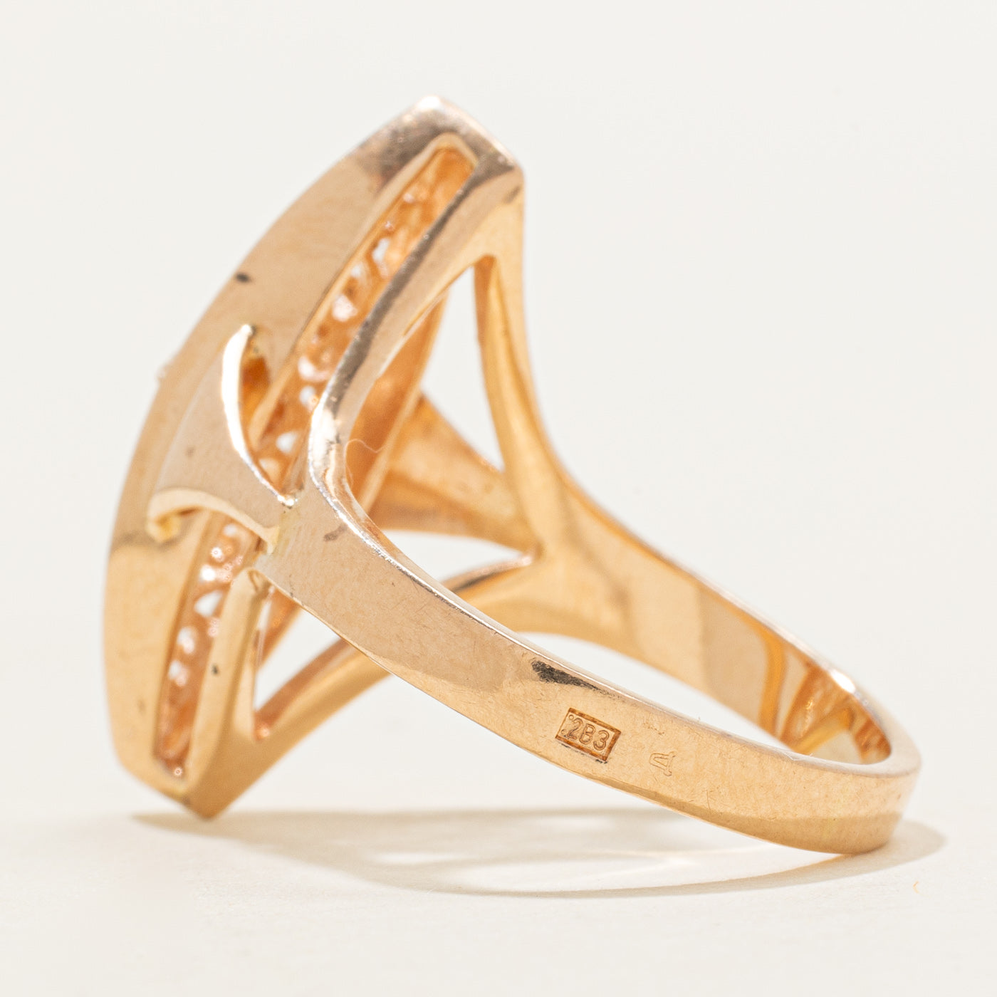 1992 Soviet Hallmarked 14K Rose Gold Scrollwork Navette Ring | SZ 6.75 |