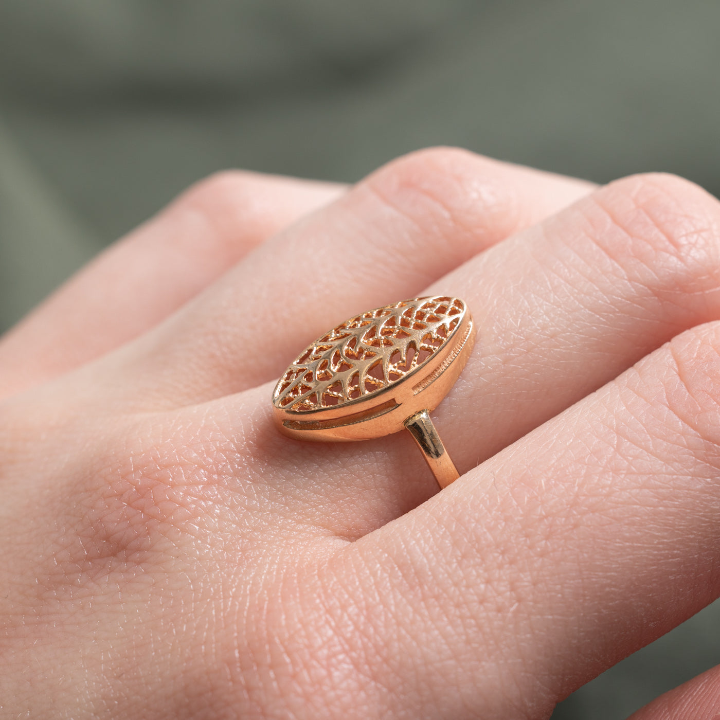 1992 Soviet Hallmarked 14K Rose Gold Openwork Navette Ring | SZ 7 |