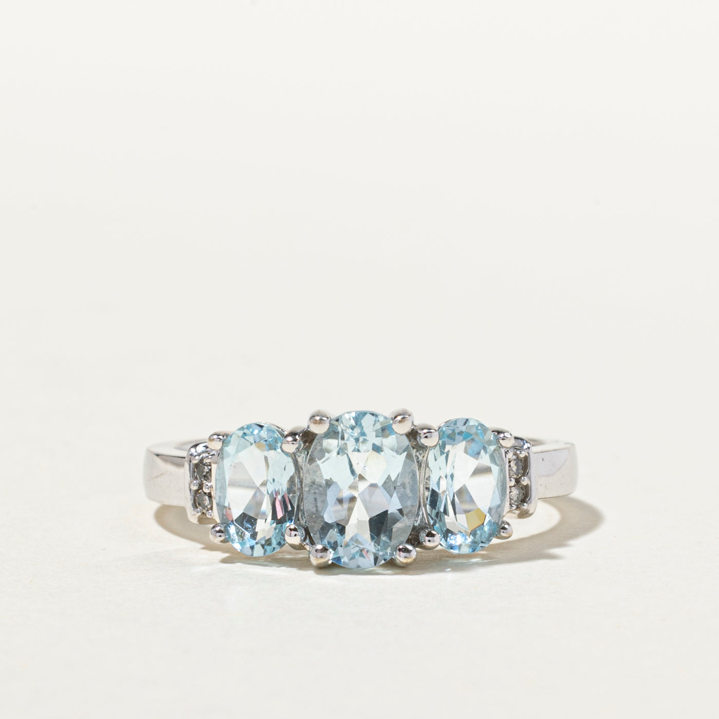 Three Stone Aquamarine & Diamond Ring | 1.38ctw, 0.04ctw | SZ 6